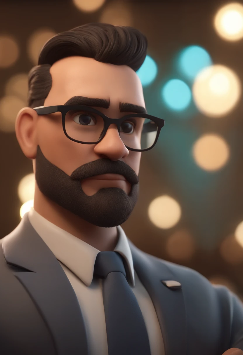 Cartoon character of a man wearing black glasses and a blue shirt, um personagem animado, Caractere estilizado, animation style rendering, 3D estilizado, Arnold Maya render, 3 d render stylized, toon render keyshot, Personagem 3D, Personagem 3D, 3d rendering stylized, 3 d character render, personagem de desenho animado, Personagem de close up, Pose de personagem, (Estilo Pixar) (master part:1.2) (Bokeh) (best quality) (pele detalhada) (textura detalhada) (8k) (argila) (Cinematic lighting) (foco nítido，Senta e vaza a parte superior do corpo