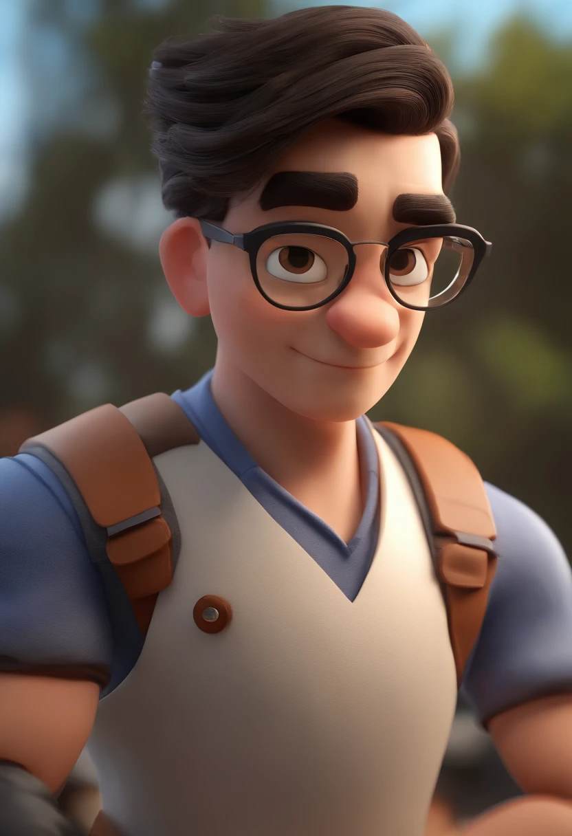 Cartoon character of a man wearing black glasses and a blue shirt, um personagem animado, Caractere estilizado, animation style rendering, 3D estilizado, Arnold Maya render, 3 d render stylized, toon render keyshot, Personagem 3D, Personagem 3D, 3d rendering stylized, 3 d character render, personagem de desenho animado, Personagem de close up, Pose de personagem, (Estilo Pixar) (master part:1.2) (Bokeh) (best quality) (pele detalhada) (textura detalhada) (8k) (argila) (Cinematic lighting) (foco nítido，Senta e vaza a parte superior do corpo