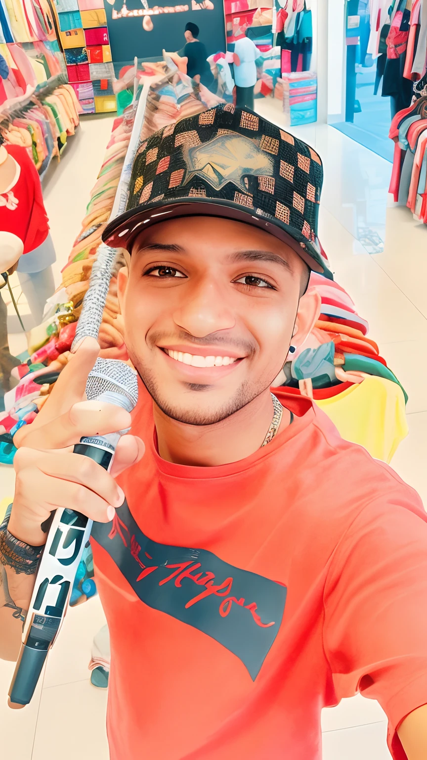Homem com uma camisa marrom, with cap, and a microphone in his hand,  sorrindo, fundo da imagem uma loja. Efeito pixar, 3D-rendering. There's a man holding a microphone in a store, aparecer em um shopping center, caio santos, cantor no show de voz, instagram story, luis melo, facebook post, imagem de qualidade muito baixa, Devagar, youtuber, segurando um microfone, new song, Mohamed Reda, rap no microfone, Tiro no iPhone 1 3 Pro Max, Mohamed Chahin