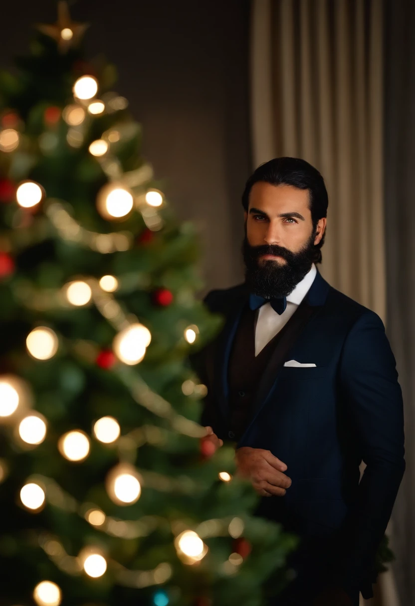 Um homem branco, profissional, 30 anos, goodlooking, with black beard and cap, pouco cabelo preto, sorriso encantador, olhos castanhos, camisa preta, parado na frente, usando roupa elegante, folded arms, Next to Christmas Tree, iluminado por luzes de natal, with the background of a Christmas tree, alta qualidade