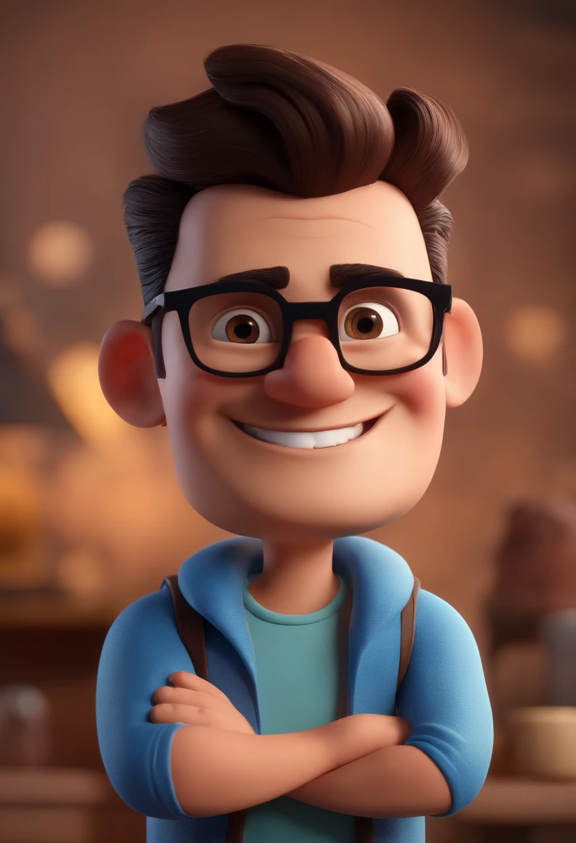 Cartoon character of a man with black glasses and a blue shirt, animation character, Caractere estilizado, animation style rendering, 3D estilizado, Arnold Maya render, 3 d render stylized, toon render keyshot, Personagem 3D, Personagem 3D, 3d rendering stylized, 3 d character render, personagem de desenho animado, Personagem de close up, Pose de personagem, (Estilo Pixar) (master part:1.2) (Bokeh) (best quality) (pele detalhada) (textura detalhada) (8k) (argila) (Cinematic lighting) (foco nítido