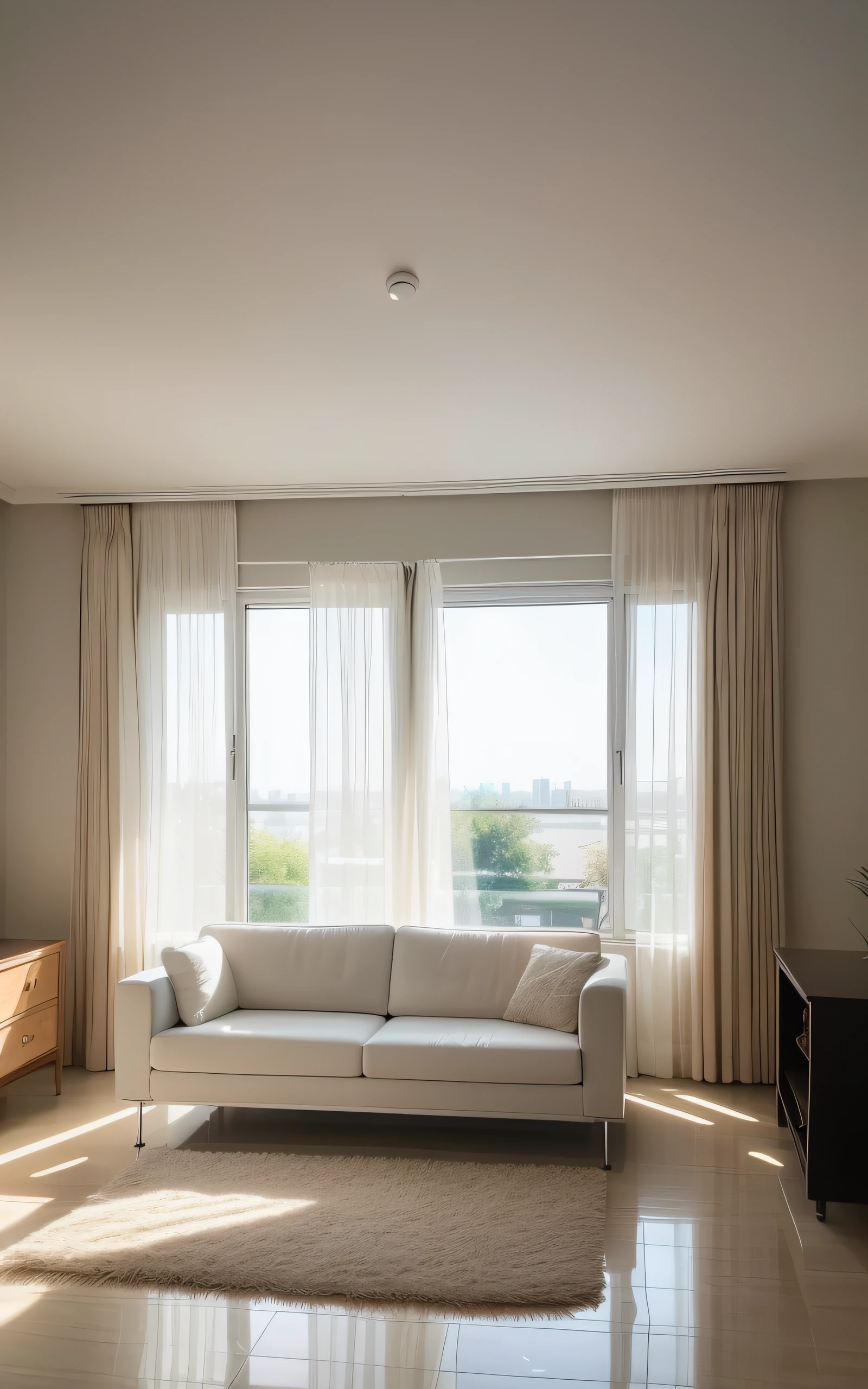 ((top-quality、masterpiece、photographrealistic:1.4、in 8K))、wide-angle lens, wide screen, modern style living room, unified in white, morning light shines through the window with swinging lace curtains. no people, sofa, furniture, bright sunshine,