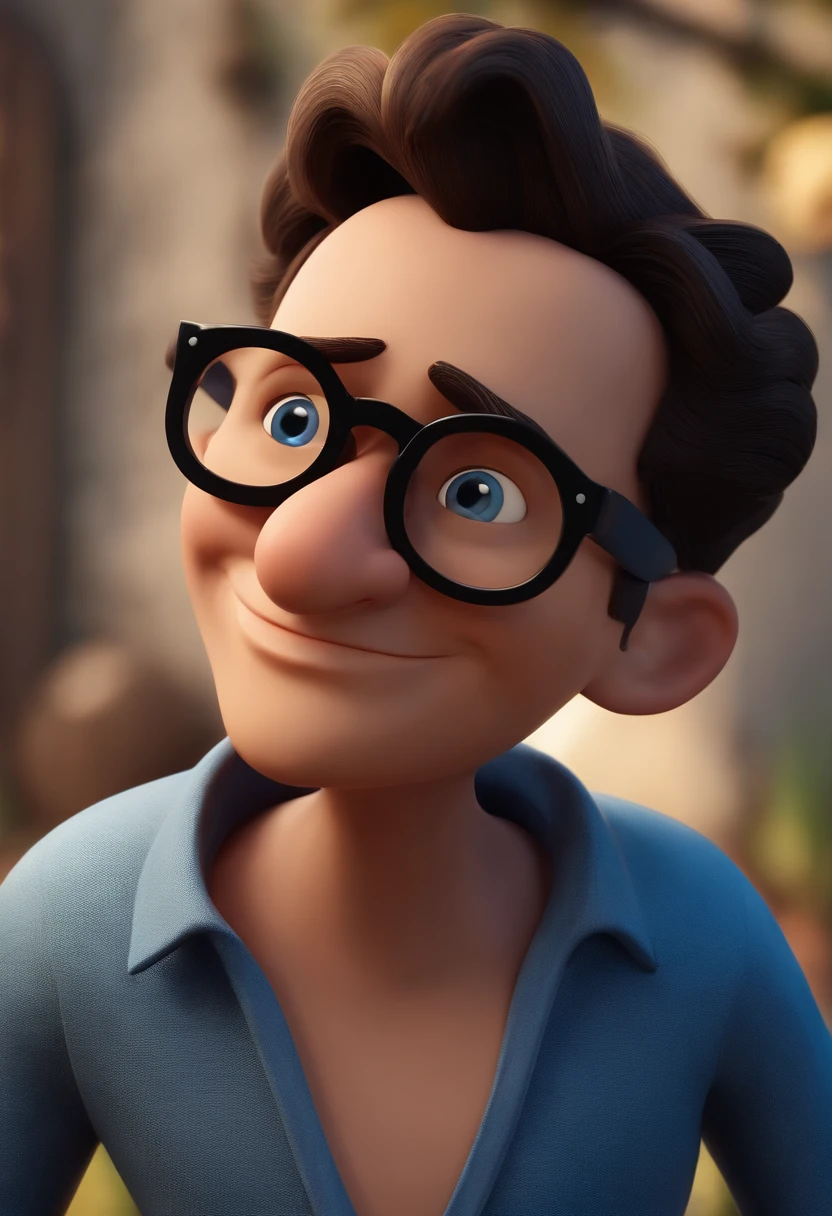 Cartoon character of a man wearing black glasses and a blue shirt, um personagem animado, Caractere estilizado, animation style rendering, 3D estilizado, Arnold Maya render, 3 d render stylized, toon render keyshot, Personagem 3D, Personagem 3D, 3d rendering stylized, 3 d character render, personagem de desenho animado, Personagem de close up, Pose de personagem, (Estilo Pixar) (master part:1.2) (Bokeh) (best quality) (pele detalhada) (textura detalhada) (8k) (argila) (Cinematic lighting) (foco nítido，Senta e vaza a parte superior do corpo