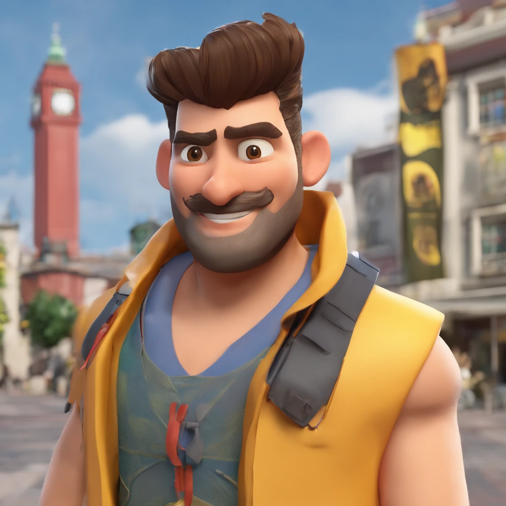 Criar um personagem no estilo Pixar. Trata-se de um homem de 31 anos, com barba, pardo, com cabelos castanhos curtos e um quiff, e olhos castanhos. He's from Rio de Janeiro, he supports Botafogo, Ele deve estar na loja vendendo roupas