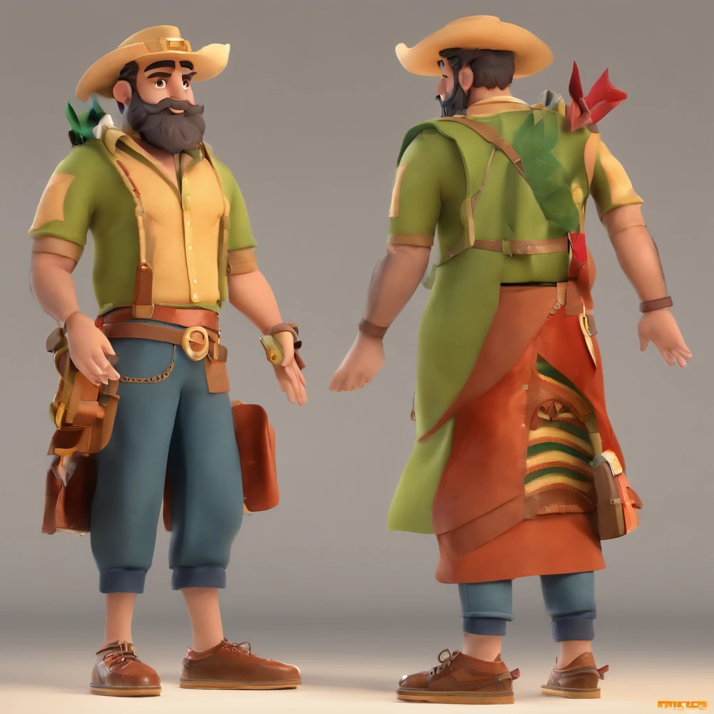 Criar um personagem no estilo Pixar. Trata-se de um homem de 31 anos, com barba, pardo, com cabelos castanhos curtos e um quiff, e olhos castanhos. He's from Rio de Janeiro, he supports Botafogo, Ele deve estar na loja vendendo roupas