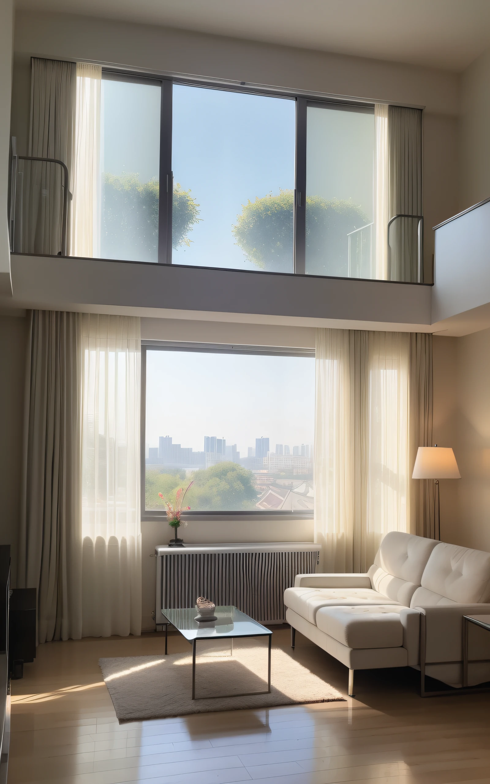 ((top-quality、masterpiece、photographrealistic:1.4、in 8K))、wide-angle lens, wide screen, modern style living room, unified in white, morning light shines through the window with swinging lace curtains. no people, sofa, furniture, bright sunshine,