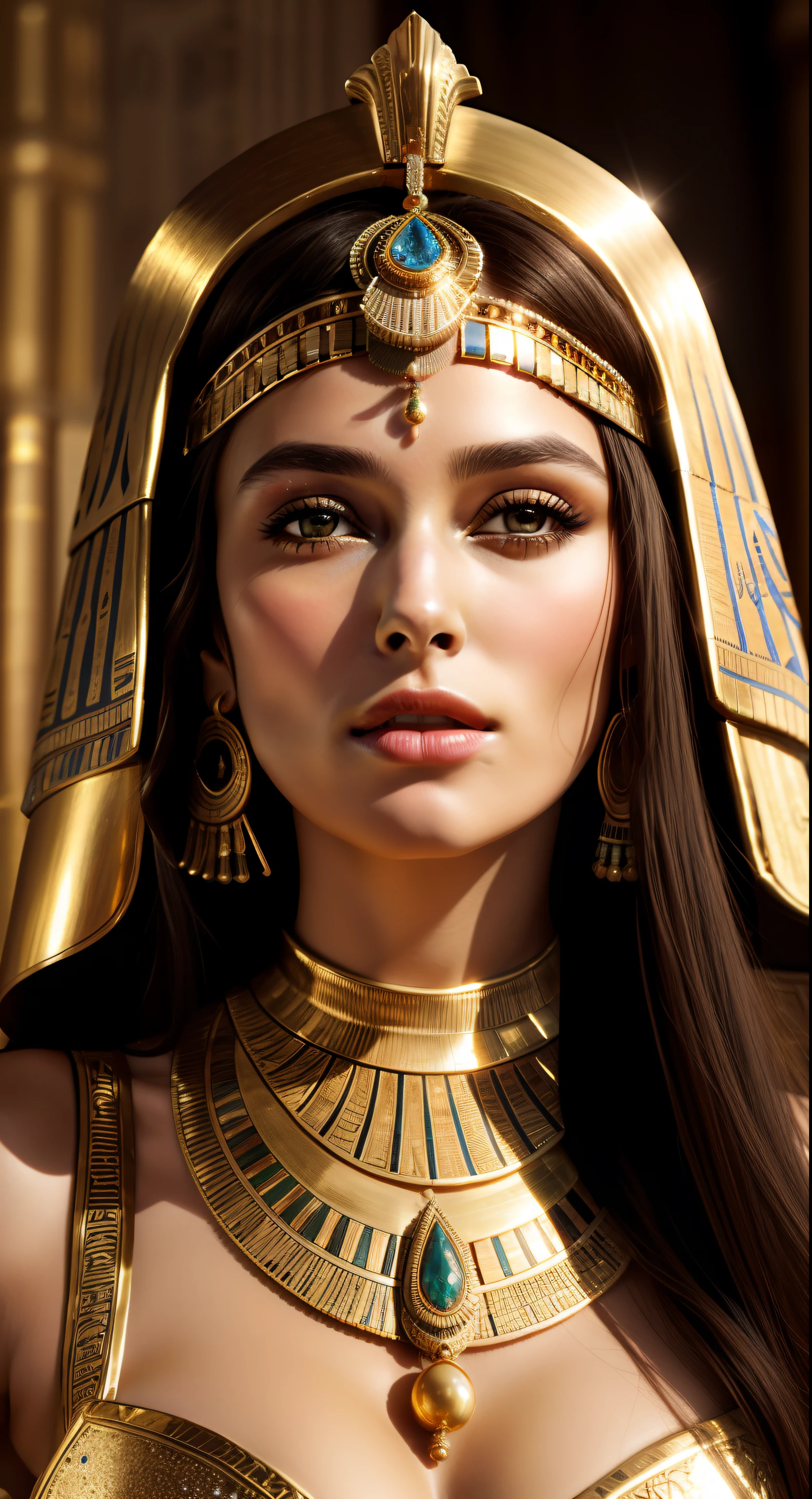 Queen of Egypt, gold jewelry, ancient Egypt, shiny cloth, makeup, masterpiece, Egyptian luxury, portrait of, close-up of, behind the throne room, luxuriously, filigree, cinema, 4K