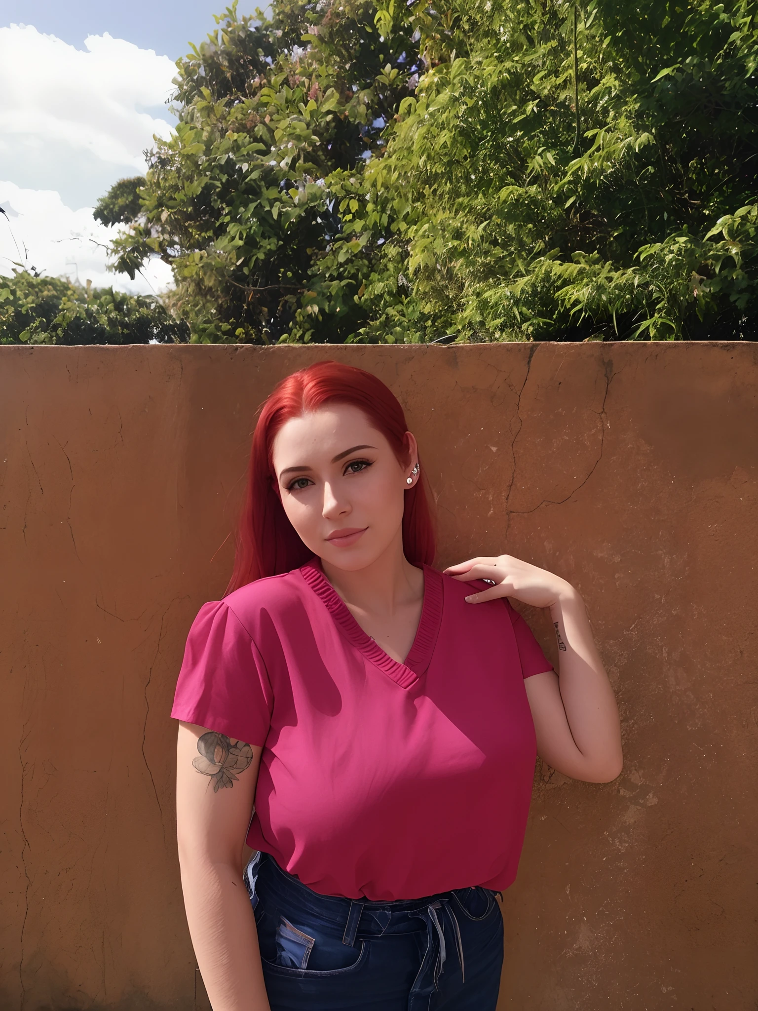 There's a woman standing in front of a wall in a pink shirt, red hair and attractive features, Directed by: Nandor Soldier, com cabelos ruivos, by Amelia Peláez, cabelos ruivos macios, Retrato tirado 8 K, uma jovem ruiva, Malika Favre, mulher jovem de cabelos vermelhos, mulher com cabelo vermelho, Camisa Magenta, red hair