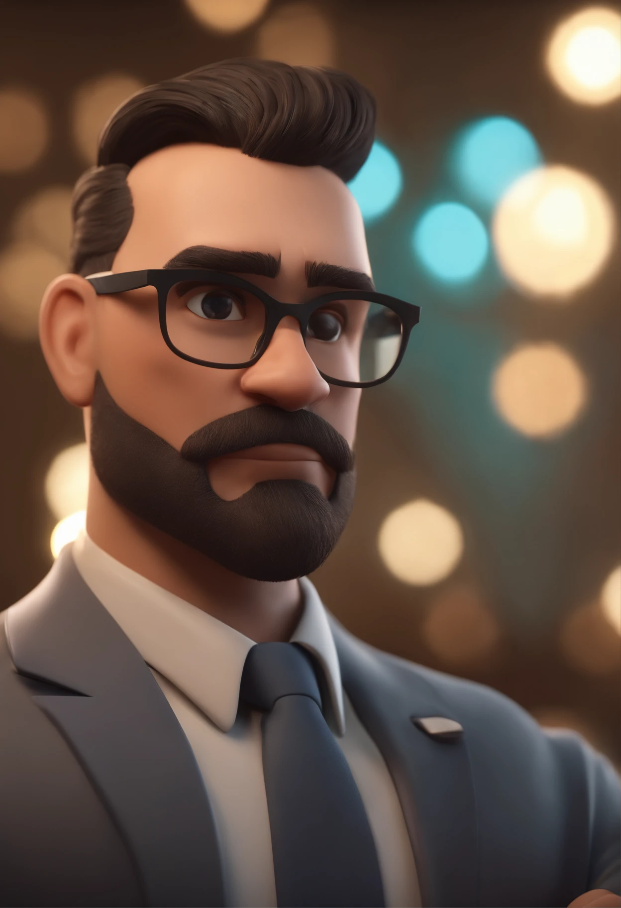 Cartoon character of a man wearing black glasses and a blue shirt, um personagem animado, Caractere estilizado, animation style rendering, 3D estilizado, Arnold Maya render, 3 d render stylized, toon render keyshot, Personagem 3D, Personagem 3D, 3d rendering stylized, 3 d character render, personagem de desenho animado, Personagem de close up, Pose de personagem, (Estilo Pixar) (master part:1.2) (Bokeh) (best quality) (pele detalhada) (textura detalhada) (8k) (argila) (Cinematic lighting) (foco nítido,Senta e vaza a parte superior do corpo