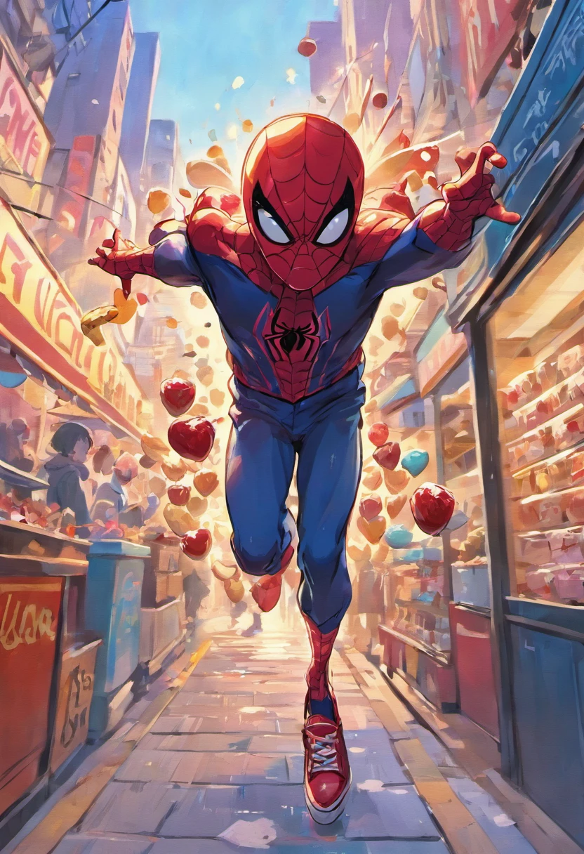 Spiderman skateboarding with an ice cream in his hand in New York City