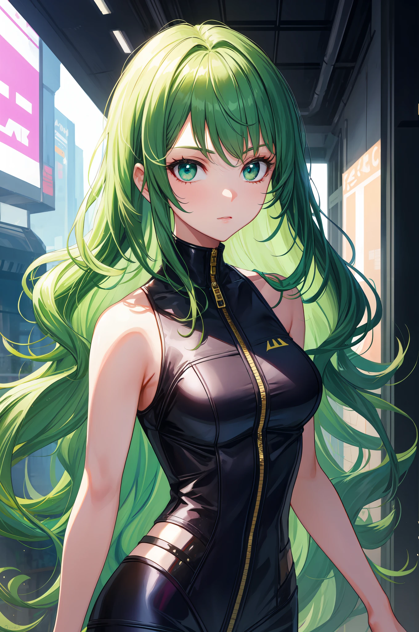 silence suzuka \(umamusume\), at office in background, looking at viewer, ((MILF)) 1girl wearing microdress, green bodycon, blush, long eyelashes, cleavage, (flat chest), navel, fishnet stockings, thick thighs, (face focus), evil smile, (handbag:0.9), (dark skin:1.3), masterpiece, best quality, glowing skin, mature figure, voluptuous body, voluptuous breasts, perfect body, wide hips, from the front, (chromatic aberration, intricate details), dynamic poses, dynamic angle, 40K, HDR, highres, (sfw), safe for work, fully clothed,