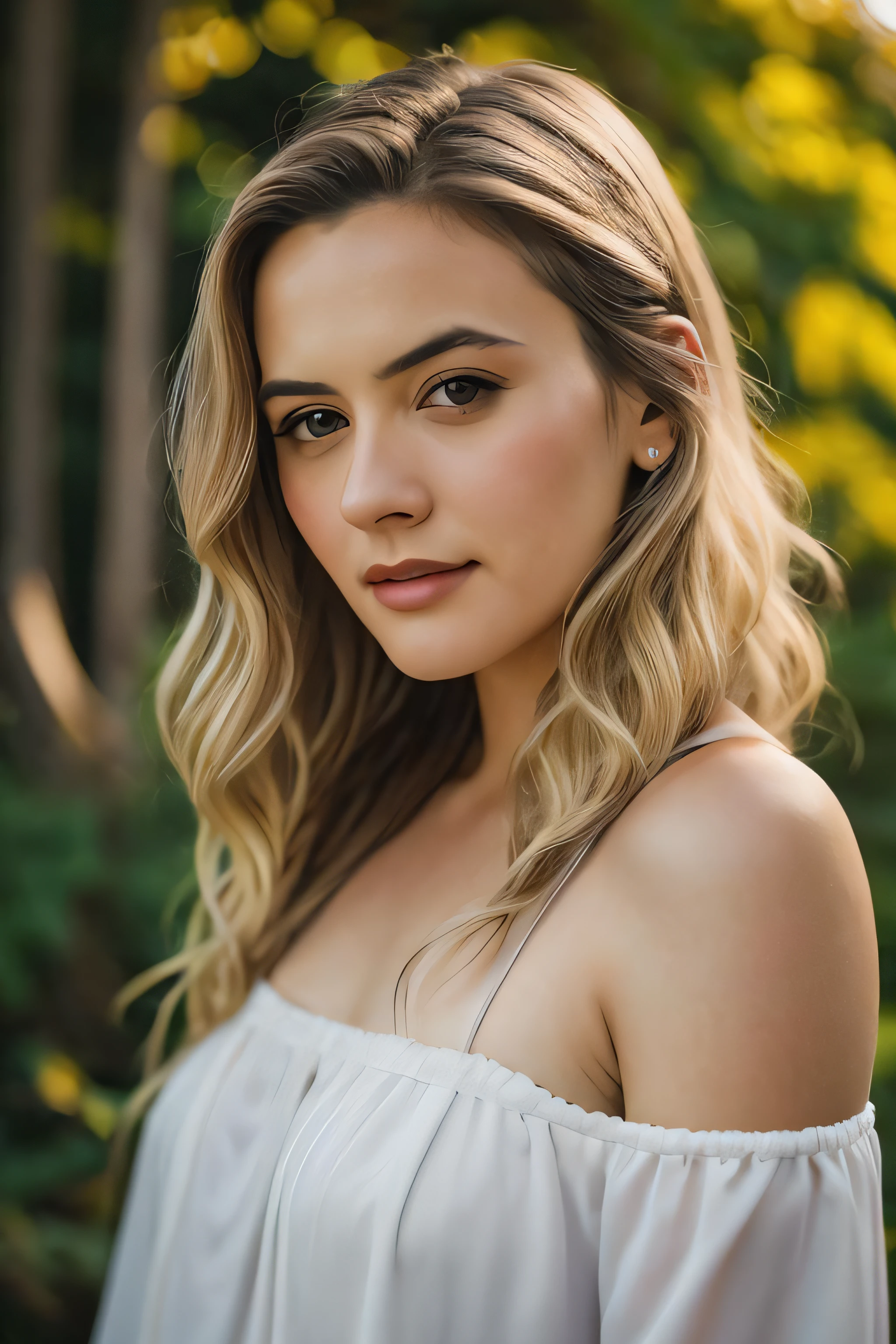 a Realistic photo of 4l1c14s1 woman, long hair, looking at viewer, ((blonde hair)), long sleeves, bare shoulders, upper body, parted lips, teeth, lips, realistic, soft lighting, professional Photography, Photorealistic, detailed eyes, RAW, analog, sharp focus, 8k, HD, DSLR, high quality, Fujifilm XT3, film grain, award winning, masterpiece