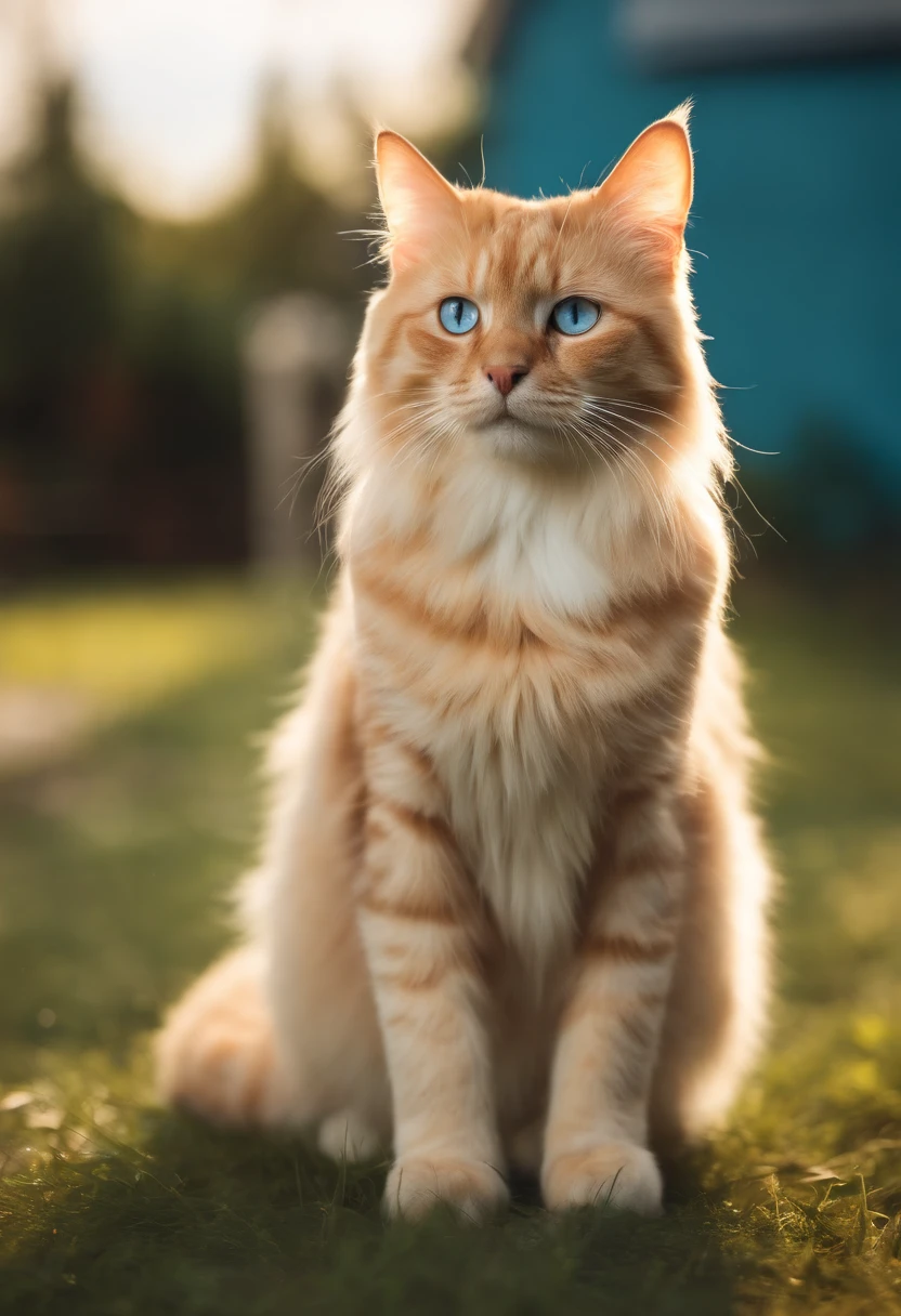 cat, Adult cats, Yellow, Blue eyes, The hair is clear, k hd, Hyper-real, standing on your feet, The background is in the house