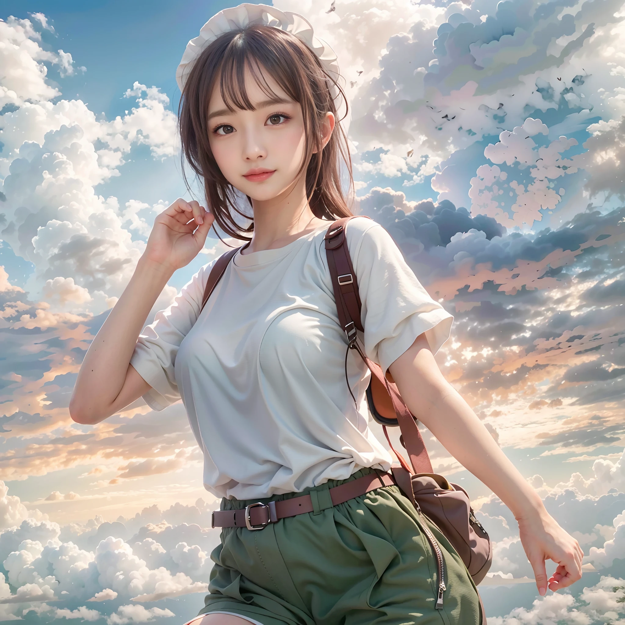 (Best Quality, hyper realistic photography), Magnificent mountain, sea of clouds, Woman watching sunset, selfee, ((Upper body)), white t-shirts, Trekking Shorts, trekking boots, rucksack,  (ultra-delicate face, Super Beautiful Maid, Super delicate eyes, Ultra-detailed nose, Ultra detailed mouth, Ultra-detailed facial features), Beautie, 18year old, Smiling happily、Colossal tits