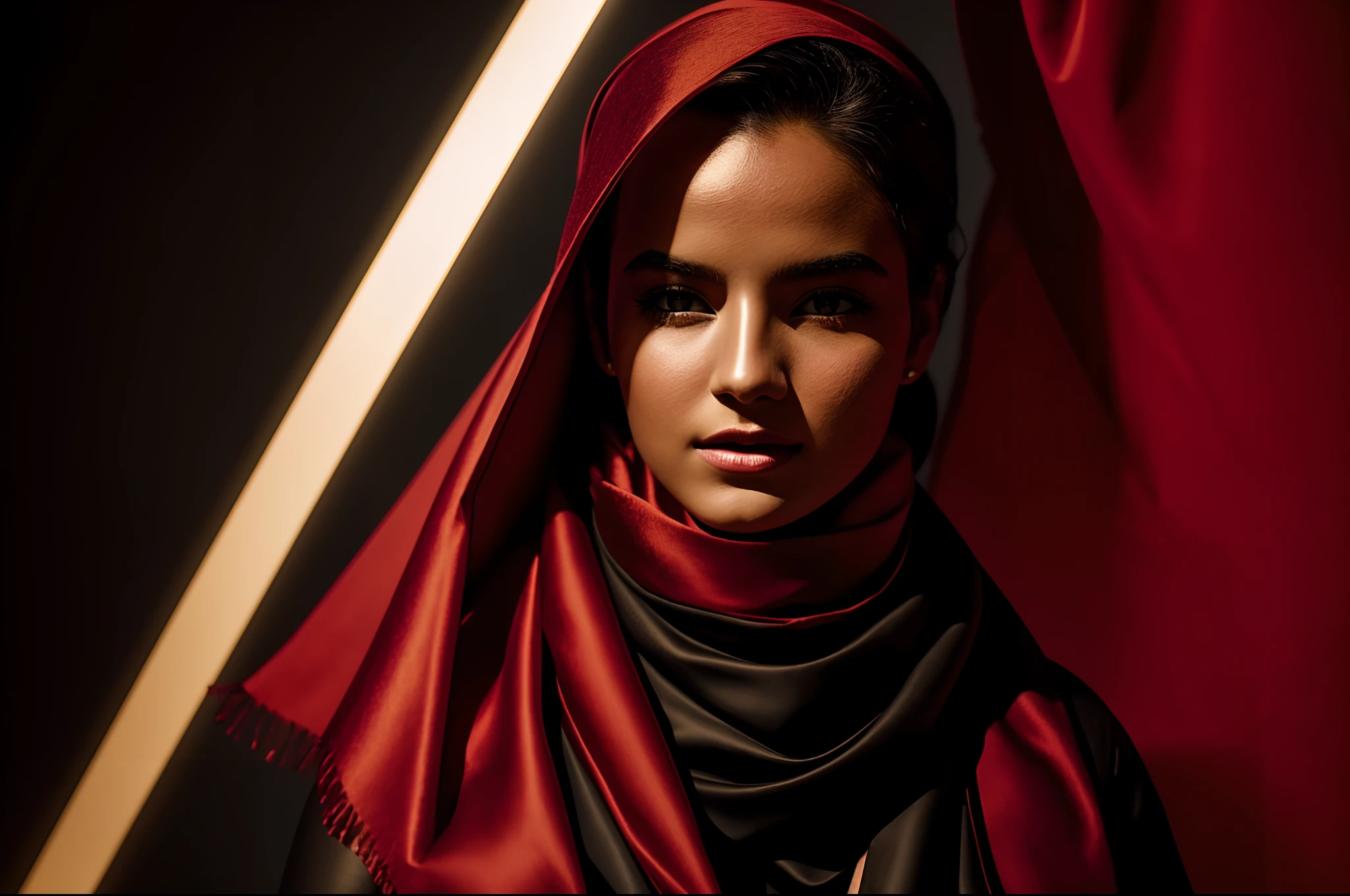gorgeous girl, 1girl, solo, (cinematic lighting), (Sharp Focus:1.2), red scarf, dark gold and black, gossamer fabrics, vibrant light and shadow , beauty,