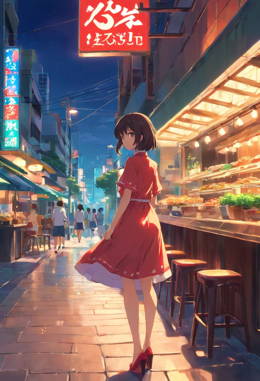 Uma bela jovem chique, vestindo um vestido vermelho cintilante, Sidewalk Heels, ela tem olhos verdes claros, e cabelos ruivos longos e ondulados, em uma noite, em frente um restaurante chique
