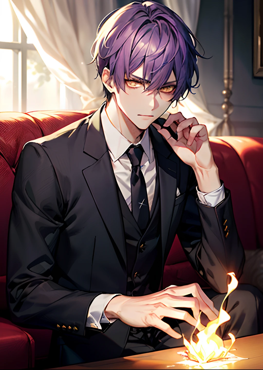 （best qualtiy，8K，tmasterpiece），Best light，Best shadow，电影灯光，（realskin）Ray traching，Reflective skin，Digital illustration，Game CG characters，(Body edge lighting，Colored light sources are around)，There is wind blowing hair，Looking into the distance，1boys，Adults，angry,  yellow eyes,  short detailed hair，Purple color hair，having fun，（Detail the eyes，Eye 1：2，Clear eyes，Elaborate Eyes，Delicate pupils，good eyes，eye detailed），Face focus，In black suit，formal outfit，best qualtiy，detail in face，Idle，(Being in the room，sitting in the couch，Capture），Detailed background，Background with，(Being in the room，sitting in the couch，Capture），depth of fields，Background bokeh