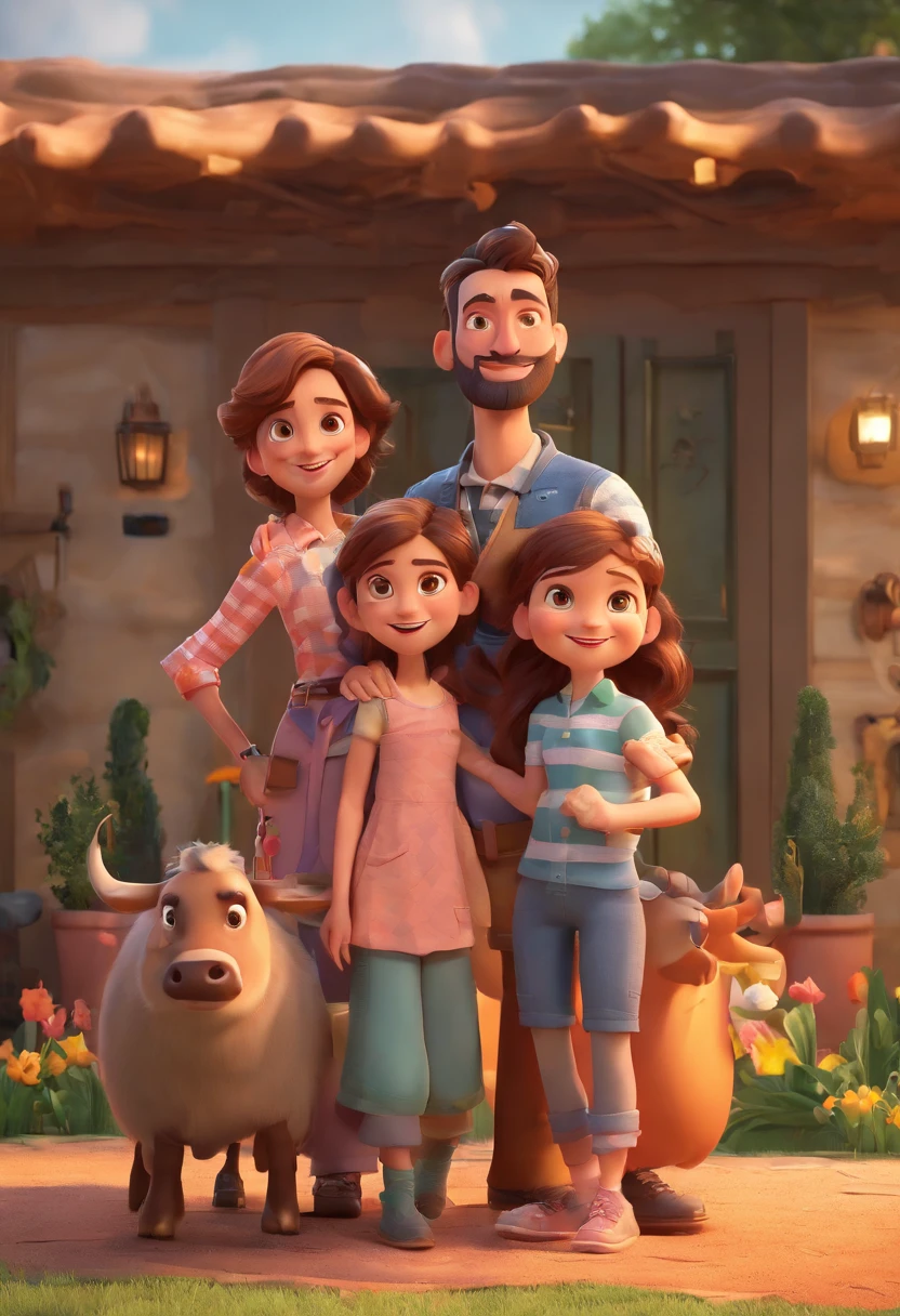 Estilo Pixar: Familia, one dad brunette wth beard, A mother and two girls. Uma menina de 6 anos e outro de 3 anos . Uma fazenda com vacas lindas e marrom .