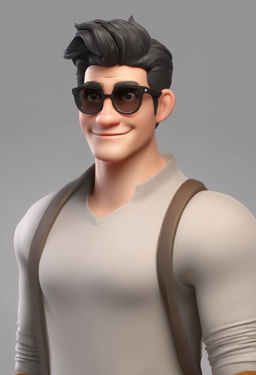 Estilo Pixar: Jovem homen de pele clara, com aproximadamente 30 anos com barba extremamente curta, Shaven done at zero wearing a gray t-shirt with thin copper-colored round glasses with shaved hair on the sides, cabelo crespo muito cacheado, cabelo com corte degrade nas laterais, cabelo preto escuro, e orelhudo, 3D,Disney