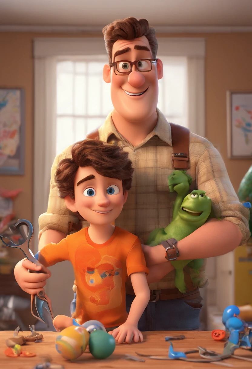 Estilo Pixar: The grown man is holding a naked blue-eyed boy and in his other hand he is holding a pair of scissors and is trying to cut off the boy's testicles,3D Poster,Disney