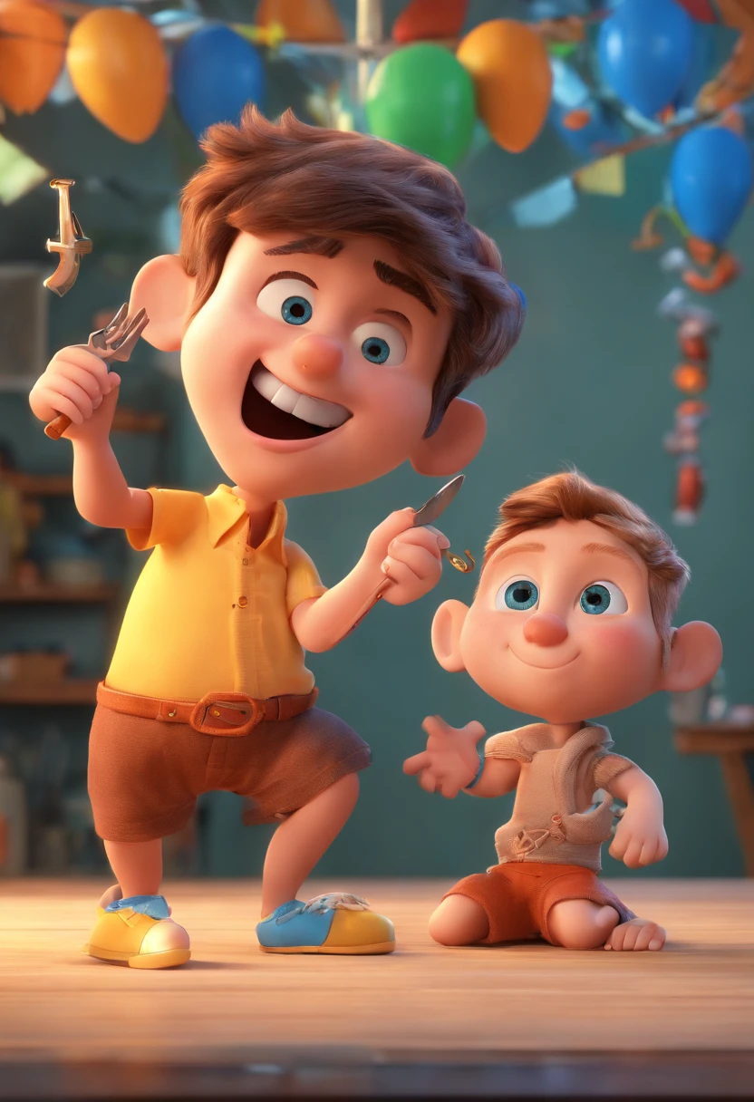 Estilo Pixar: The grown man is holding a naked blue-eyed boy and in his other hand he is holding a pair of scissors and is trying to cut off the boy's testicles,3D Poster,Disney