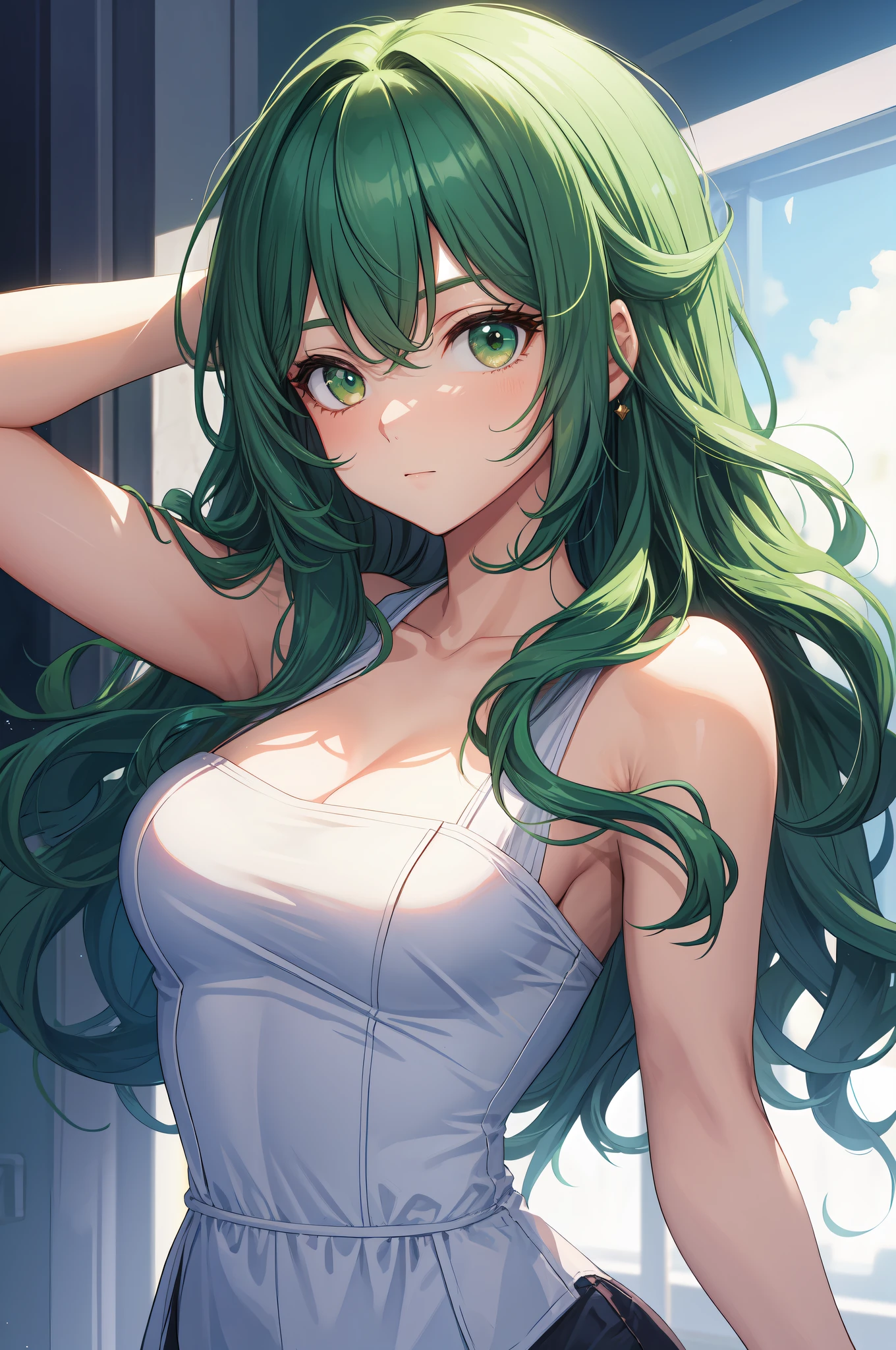 masterpiece , best quality, 1girl, solo, upper body, green hair, wavy hair, long hair,