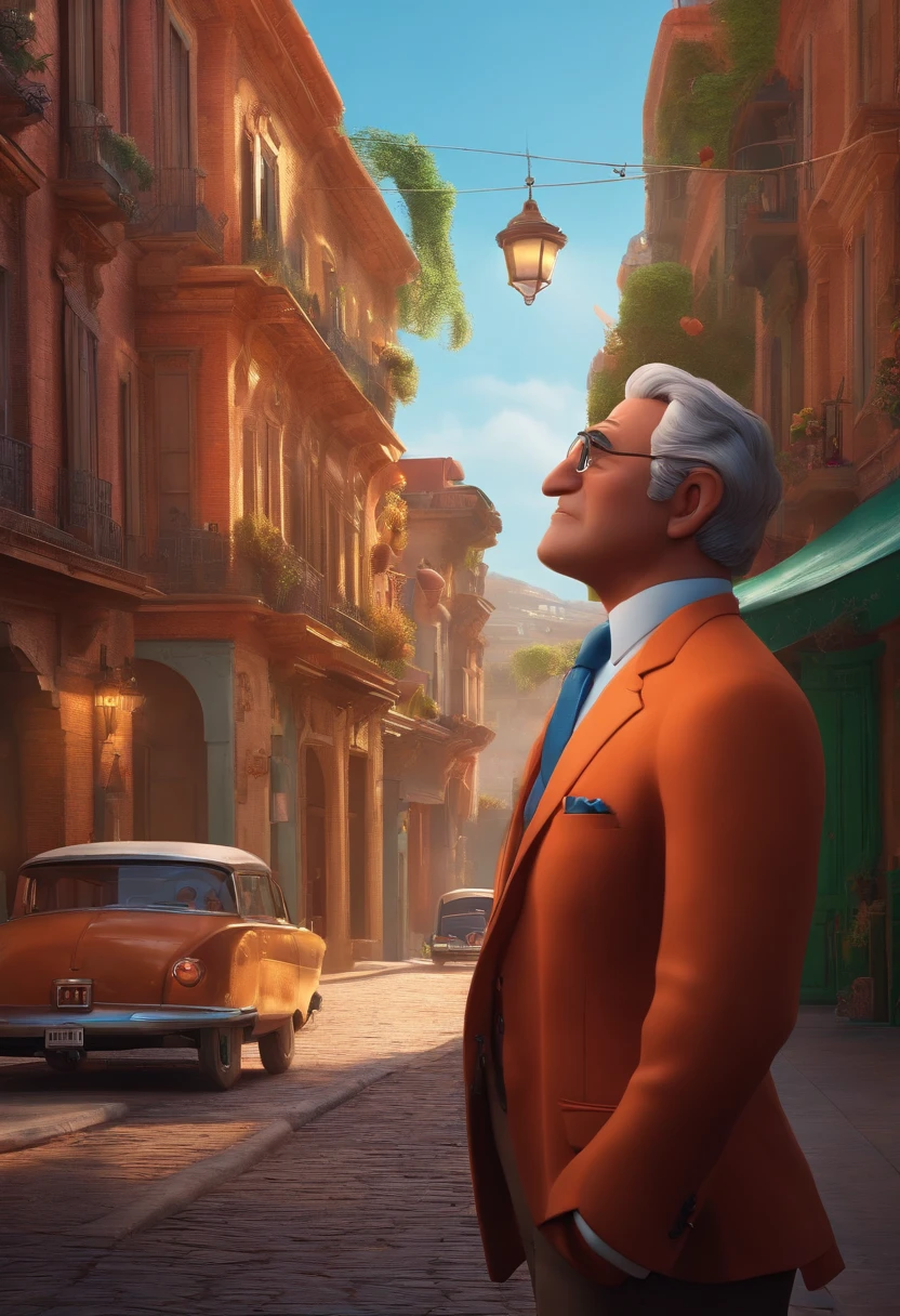 A city councilman looking at a dream project inspired by Pixar animation, de perto. The character takes center stage with captivating facial expressions, oferecendo um toque de irrealidade
