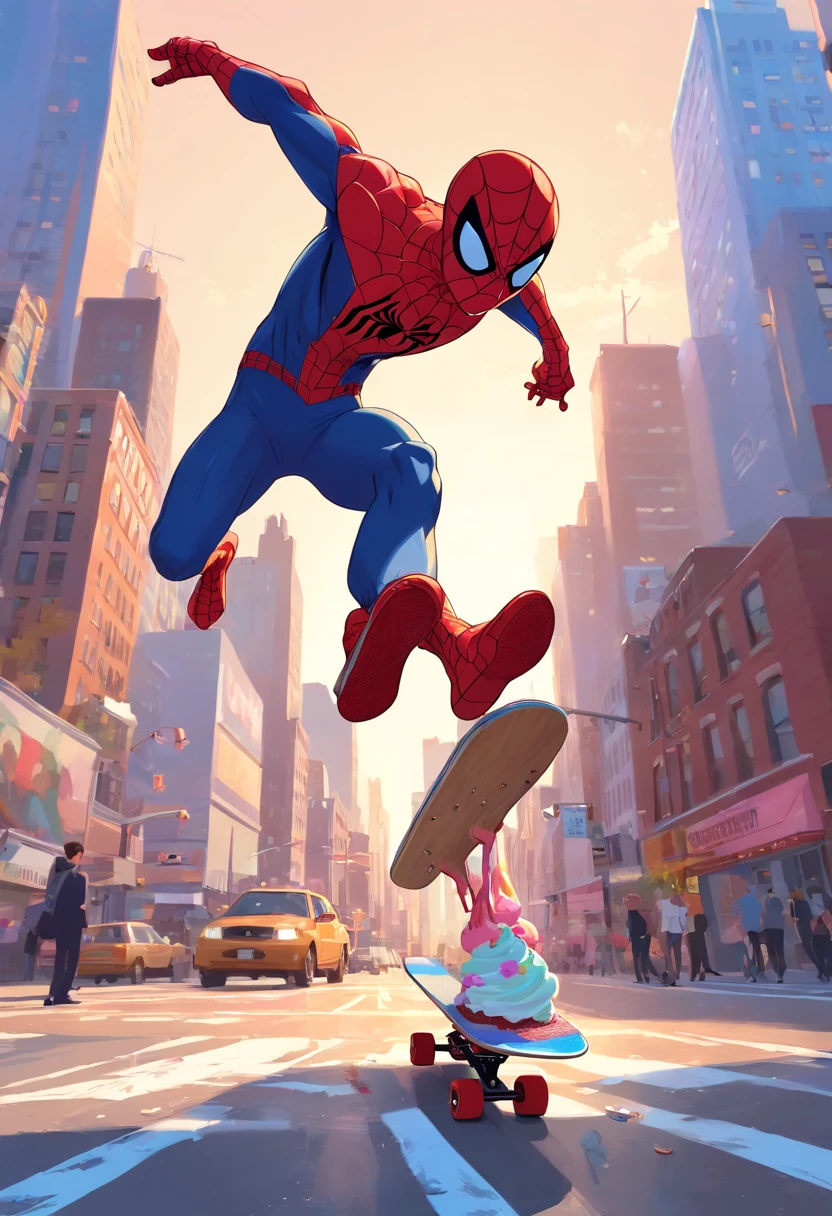 Spiderman skateboarding with an ice cream in his hand in New York City