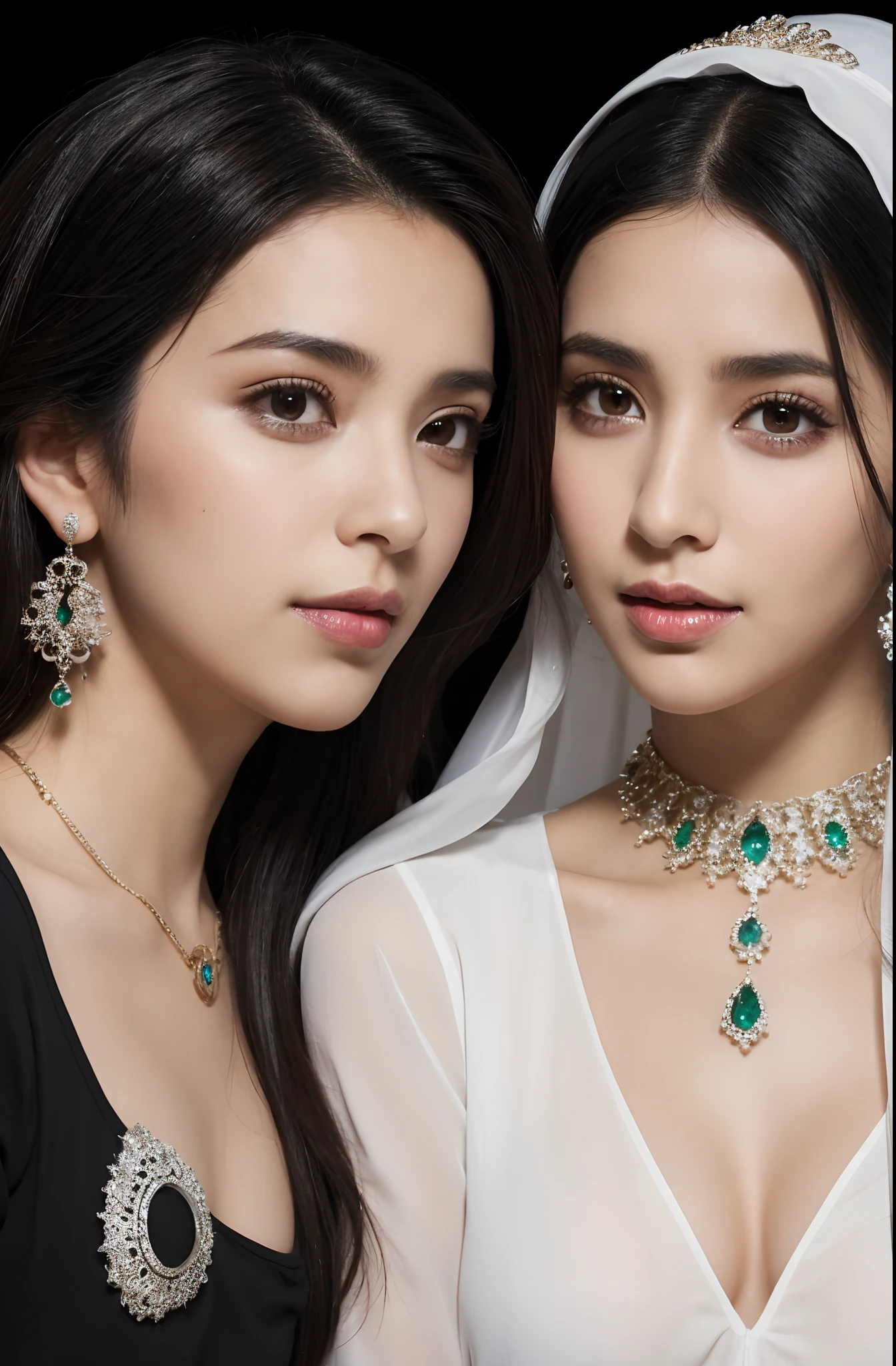 Two very beautiful Saudi girls,leering:1.4, Hair_decorations, jewelry,full bodyesbian,Best quality, Masterpiece, 超高分辨率, (Photorealistic:1.4)In the dark, deepshadow, low tune,Upper body