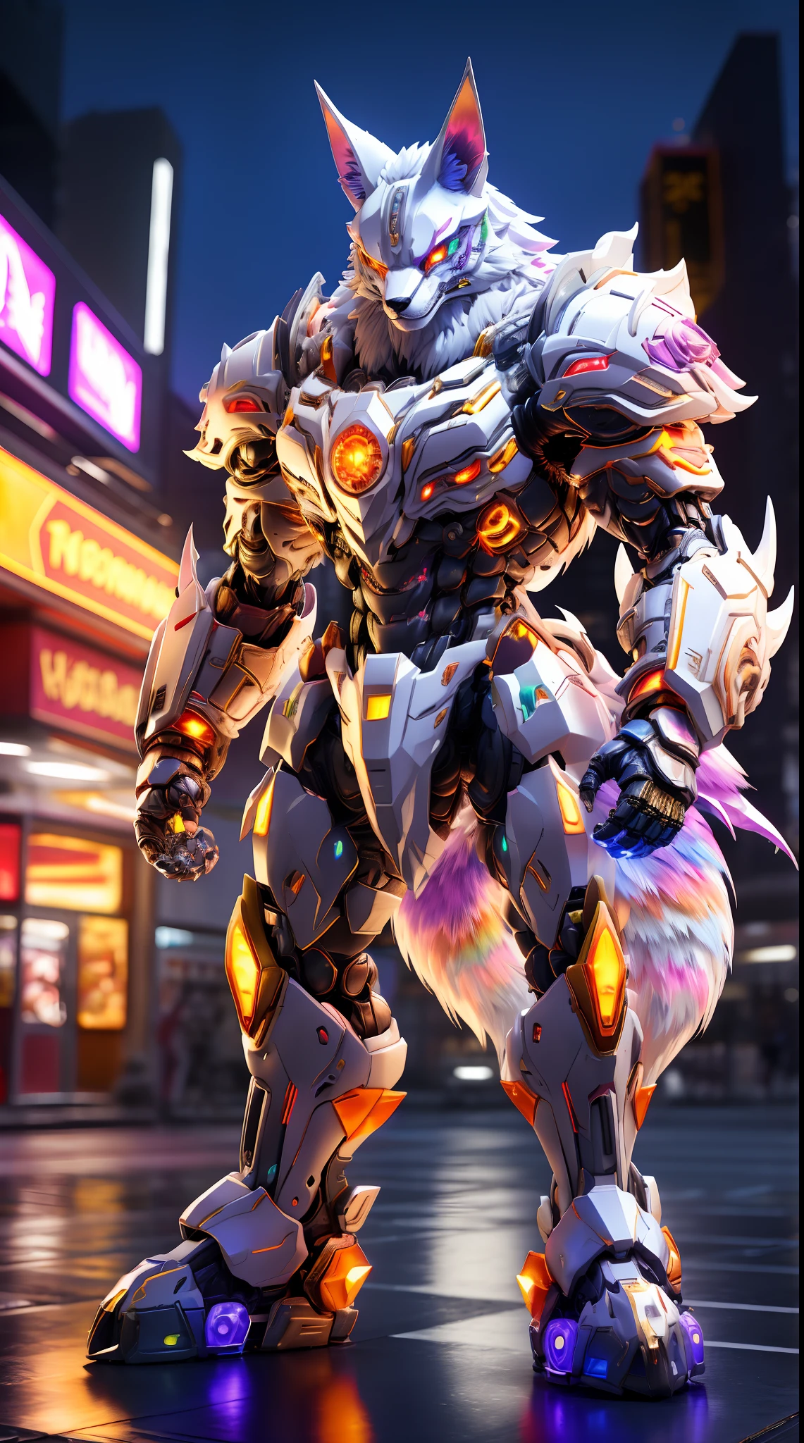FOX KING, RAINBOW COLORED, HETEROCHROMIA EYE, MECHA HEAVY ARMOR, TRANSPARANT, MUSCLE BODY.