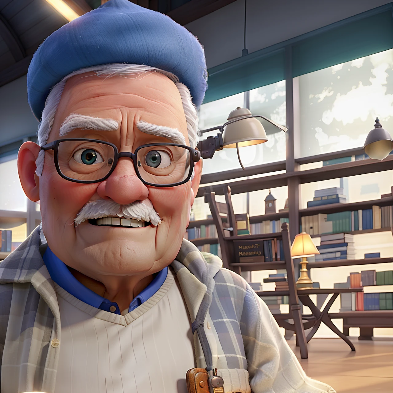 A wise old man standing in front, illuminated by the light of a lamp, against the backdrop of a library