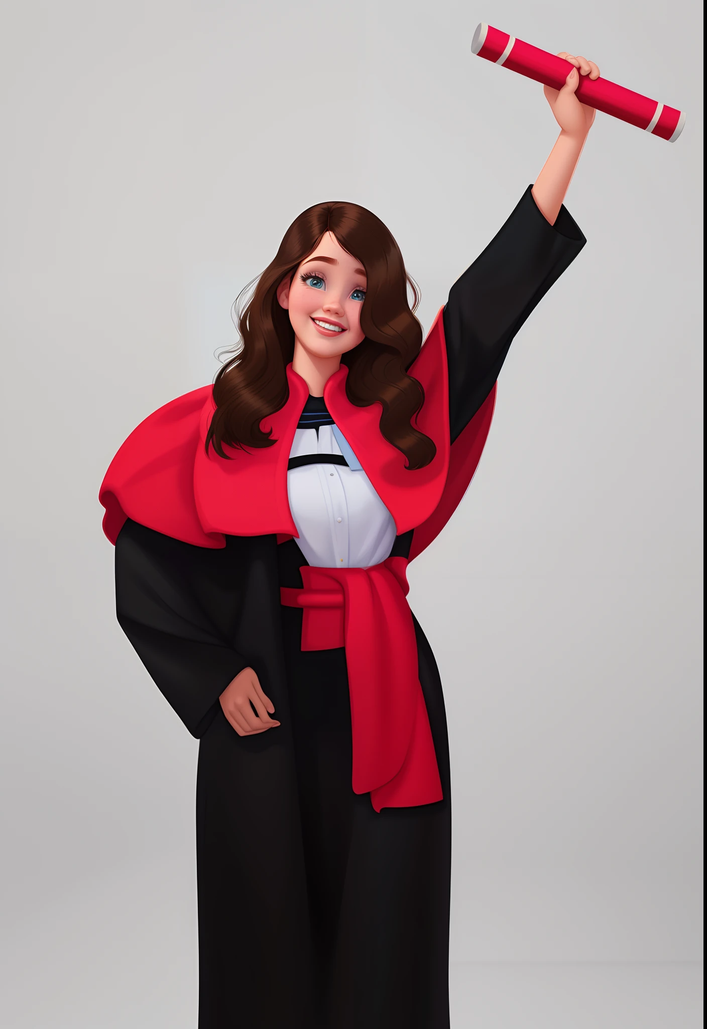 1 Disney Pixar Style Girl, com cabelo escuro, olhos escuros, de beca de formatura, segurando um diploma