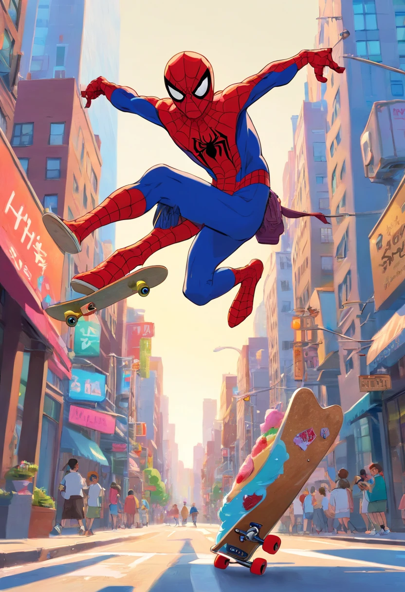 Spiderman skateboarding with an ice cream in his hand in New York City