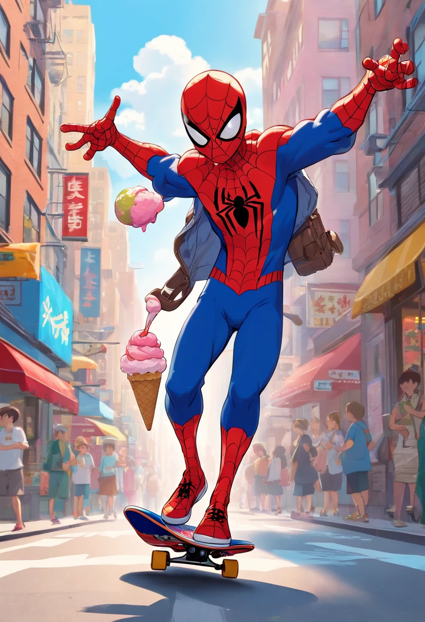 Spiderman skateboarding with an ice cream in his hand in New York City