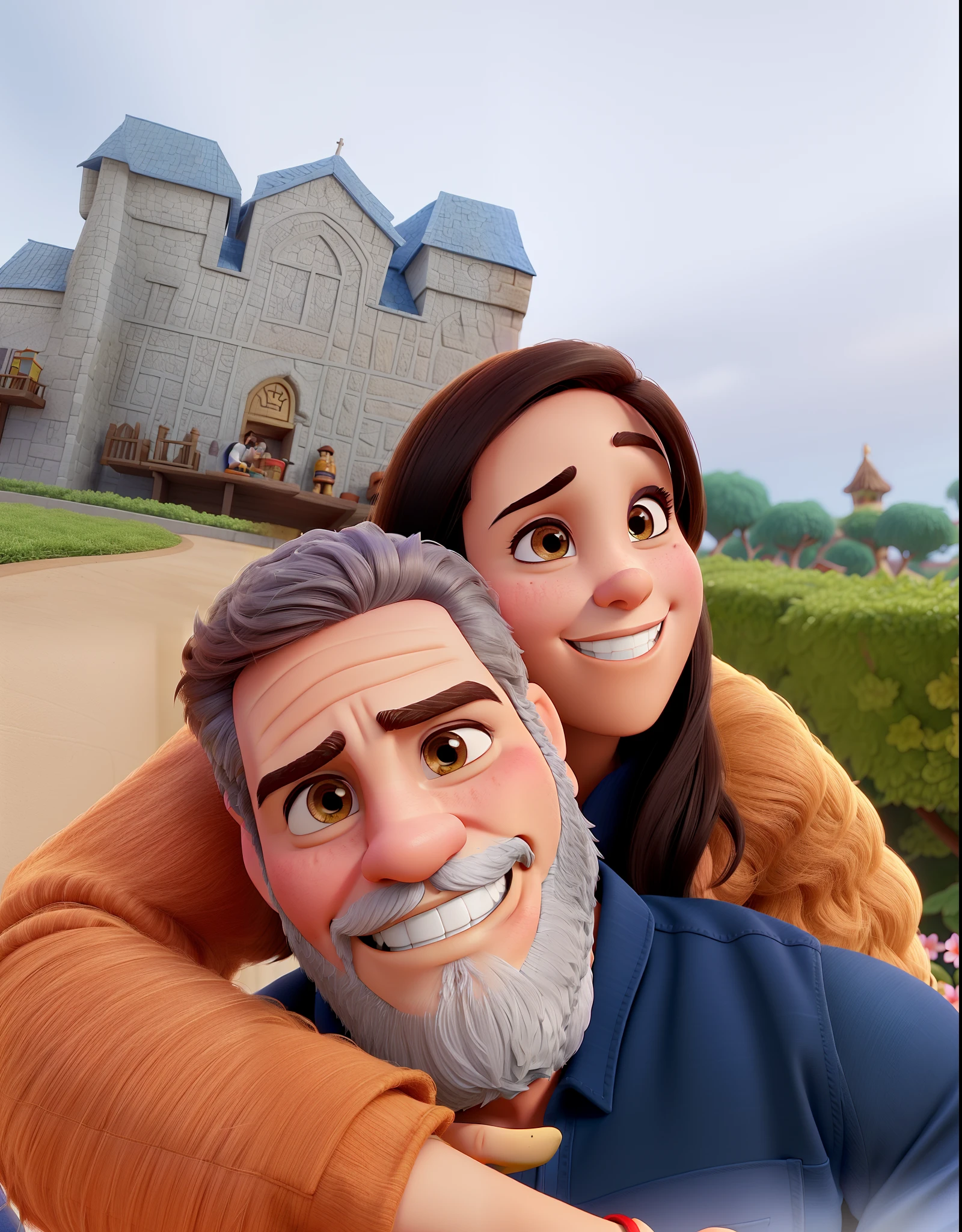 Casal (homem loiro de barba e mulher morena branca) no estilo Disney Pixar, alta qualidade, melhor qualidade.