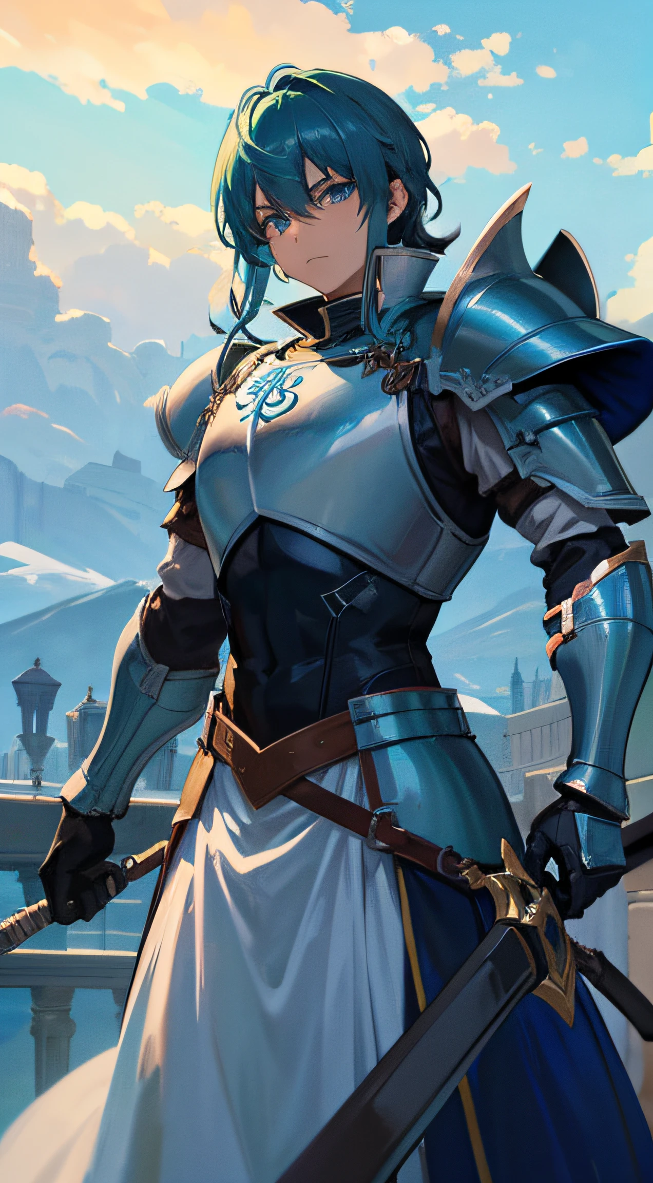 1 male, blue-green eyes, blue hair, wearing knight armor, castle rooftop, high res, ultrasharp, 8K, masterpiece, looking at outskirt