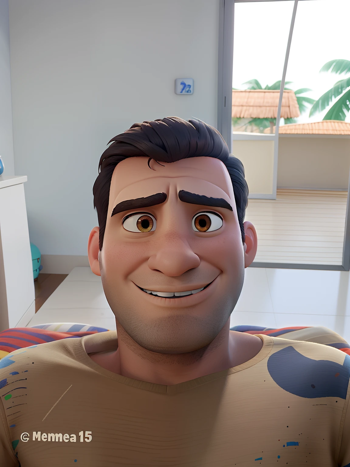 Homem 1,74 de altura ,deitado numa rede de dormir no litoral das ilhas caiman .no estilo pixar disney
