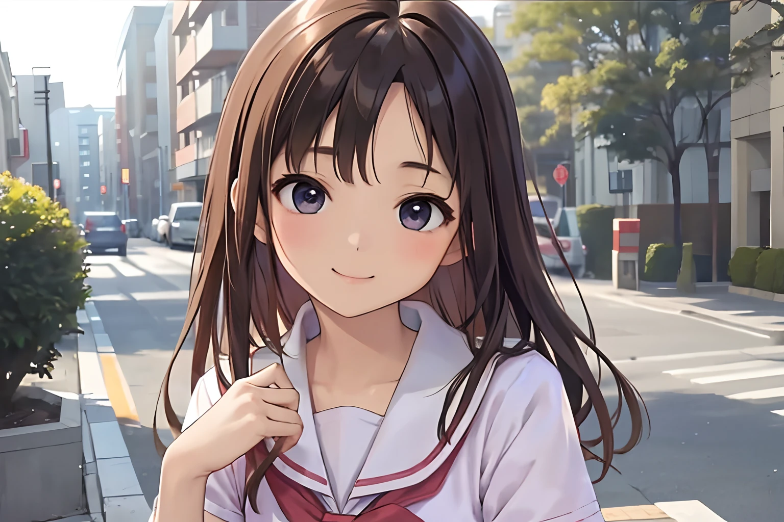 sixteen years old、brown-haired woman、pretty eyes、real-looking-skin、high school girl、sailor suit、small boobs、(8K、tmasterpiece)、(Realistic、photorealestic)、topquality、very detailled、tultra-detail、a beaut、Cute little、Japanese、idol、ssmile、extreme close up portrait、Healthy Face