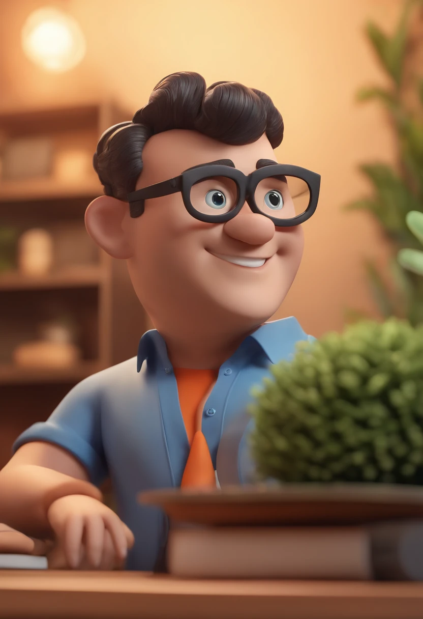 Cartoon character of a man wearing black glasses and a blue shirt, um personagem animado, Caractere estilizado, animation style rendering, 3D estilizado, Arnold Maya render, 3 d render stylized, toon render keyshot, Personagem 3D, Personagem 3D, 3d rendering stylized, 3 d character render, personagem de desenho animado, Personagem de close up, Pose de personagem, (Estilo Pixar) (master part:1.2) (Bokeh) (best quality) (pele detalhada) (textura detalhada) (8k) (argila) (Cinematic lighting) (foco nítido,Senta e vaza a parte superior do corpo