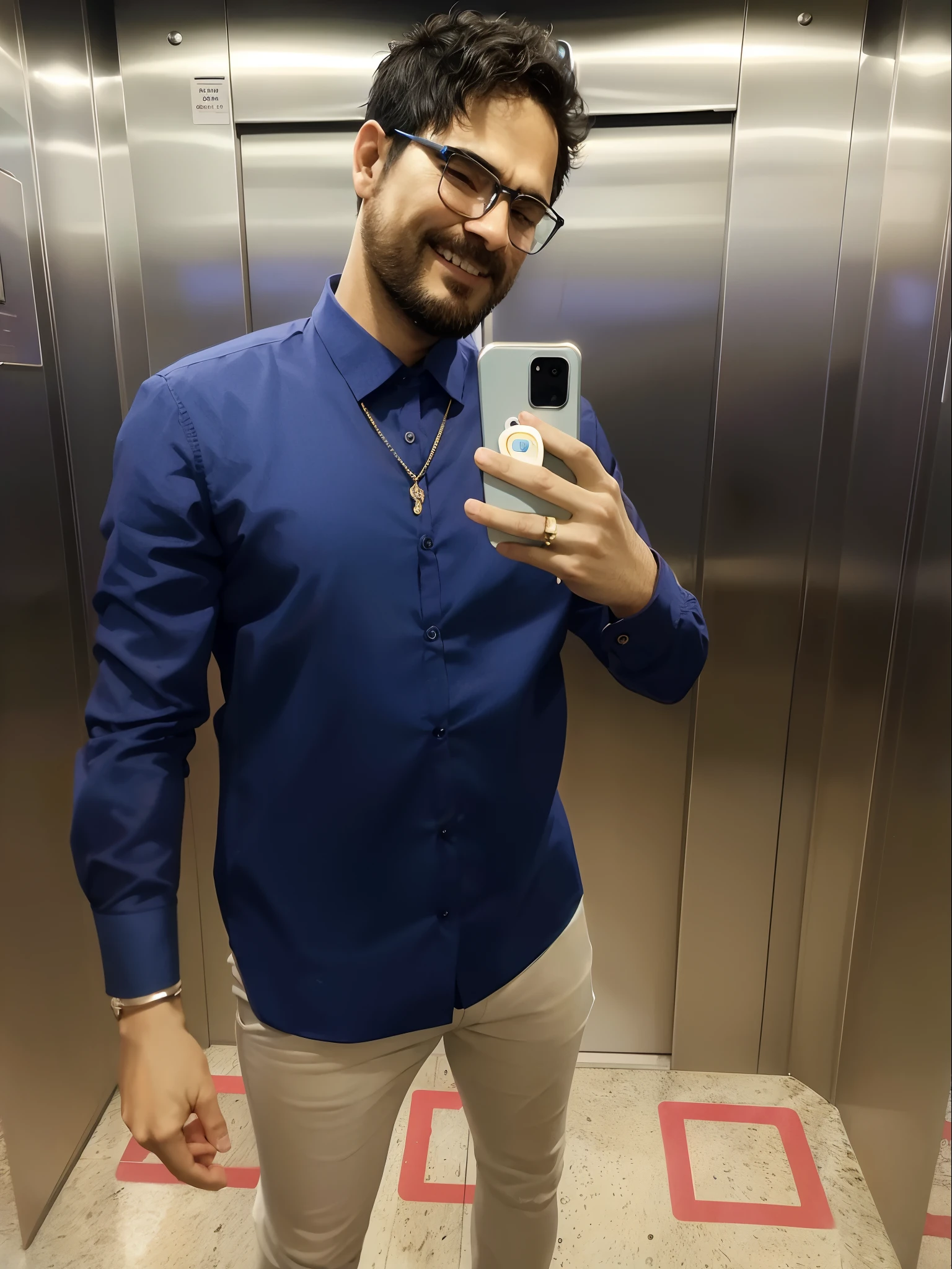 Homem de Araffe tirando uma selfie em um elevador com um telefone celular, vestindo camisa, camisa azul escura, camisa azul, vestindo uma camisa azul clara, usando um parker, imagem de corpo inteiro, wearing a dark shirt and jeans, vestindo uma camisa, roupa azul, vestindo uma camisa clara, imagem de qualidade muito baixa, camisa da marinha, selfie de um homem