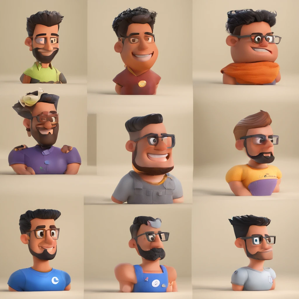 Criar um personagem no estilo Pixar. Trata-se de um homem de 30 anos, com barba, Branco, com cabelos castanhos curtos e um quiff, e olhos castanhos. Ele deve estar na frente de um computador, Trabalhar como designer