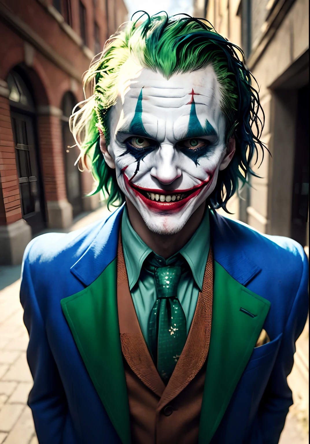 Jerome Valeska short low Green hair,dark Indigo striped overcoat,yellow shirt,White distorted face,