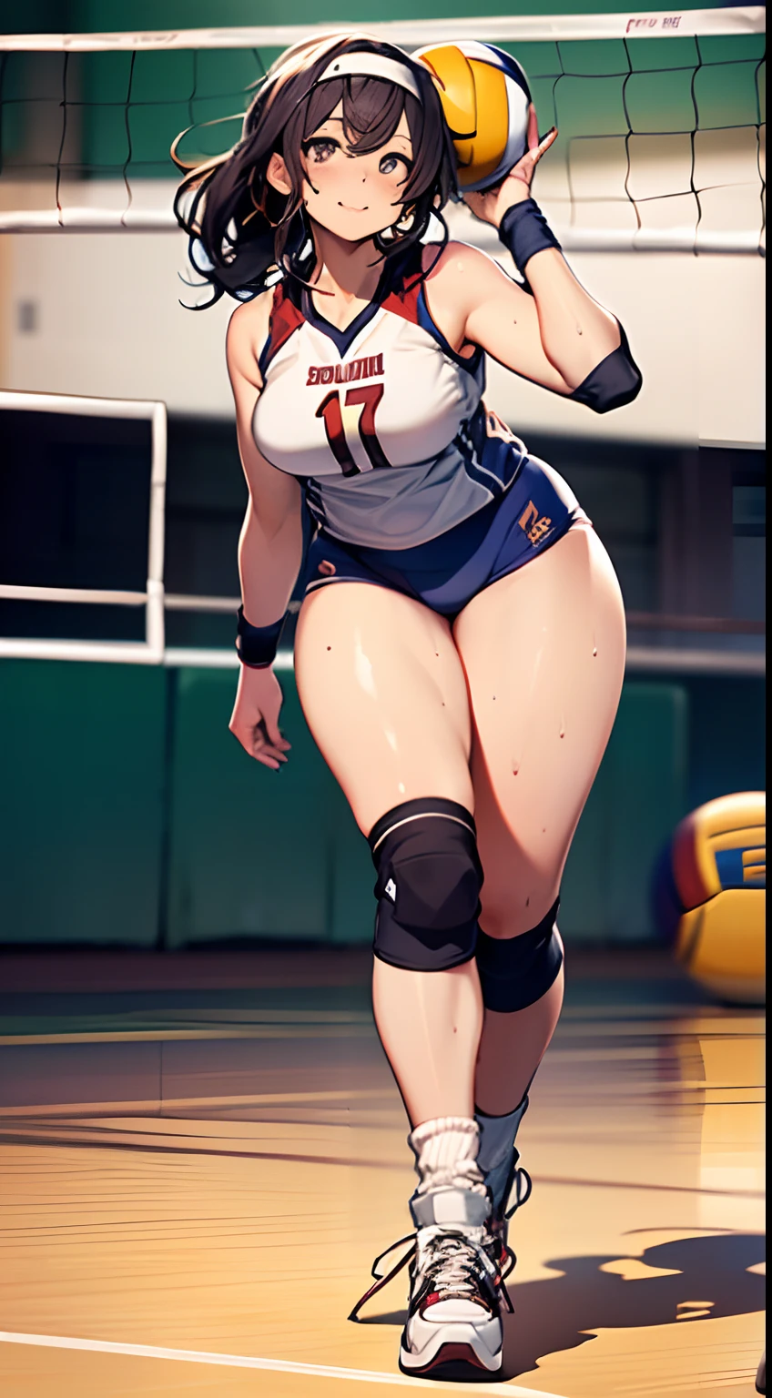 UHD, anatomically correct, 8k, (((masterpiece))), (((best quality))), (((ultra detailed))), (((high-resolution))), ((super fine illustration)), ((Ultimate cutie)), detailed beautiful face, solo, one girl, , (potbelly), (curvy), medium breasts, ((Thick thighs)), shiny hair, smile, (blush), BREAK, (((buruma))), (sleeveless volleyball uniform), headband, ((wrist bands)), ((kneepads)), (((loose socks))), (((leg warmers))), ((high top sneakers)), BREAK, ((Embrace the Beautiful spherical shape 6-inch volleyball with both hands)), ((hold the Beautiful spherical shape 6-inch volleyball with both hands)), stylish pose, ((sweat)), (perspired), (heavy breathing), sense of depth, in gymnasium, lighting, looking at viewers,full body