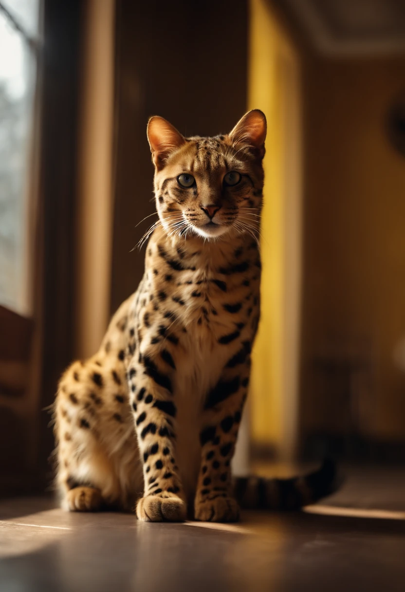 cat, Adult cats, All yellow, There is leopard print, Blue eyes, short hairs, skinny figure, The hair is clear, k hd, Hyper-real, standing on your feet, The background is in the house