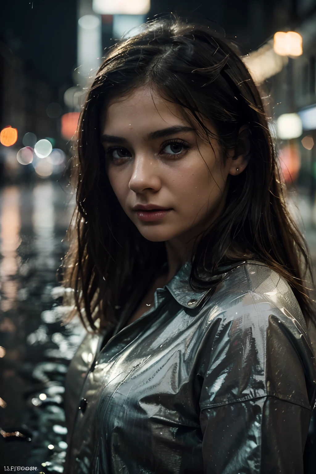 "(best quality, highres, masterpiece:1.2), ultra-detailed, realistic:1.37, rainy night, girl in a street background, close-up shot:1.6, sad atmosphere, front lens, f/1 HD photograph, bokeh, macro, depth of field"