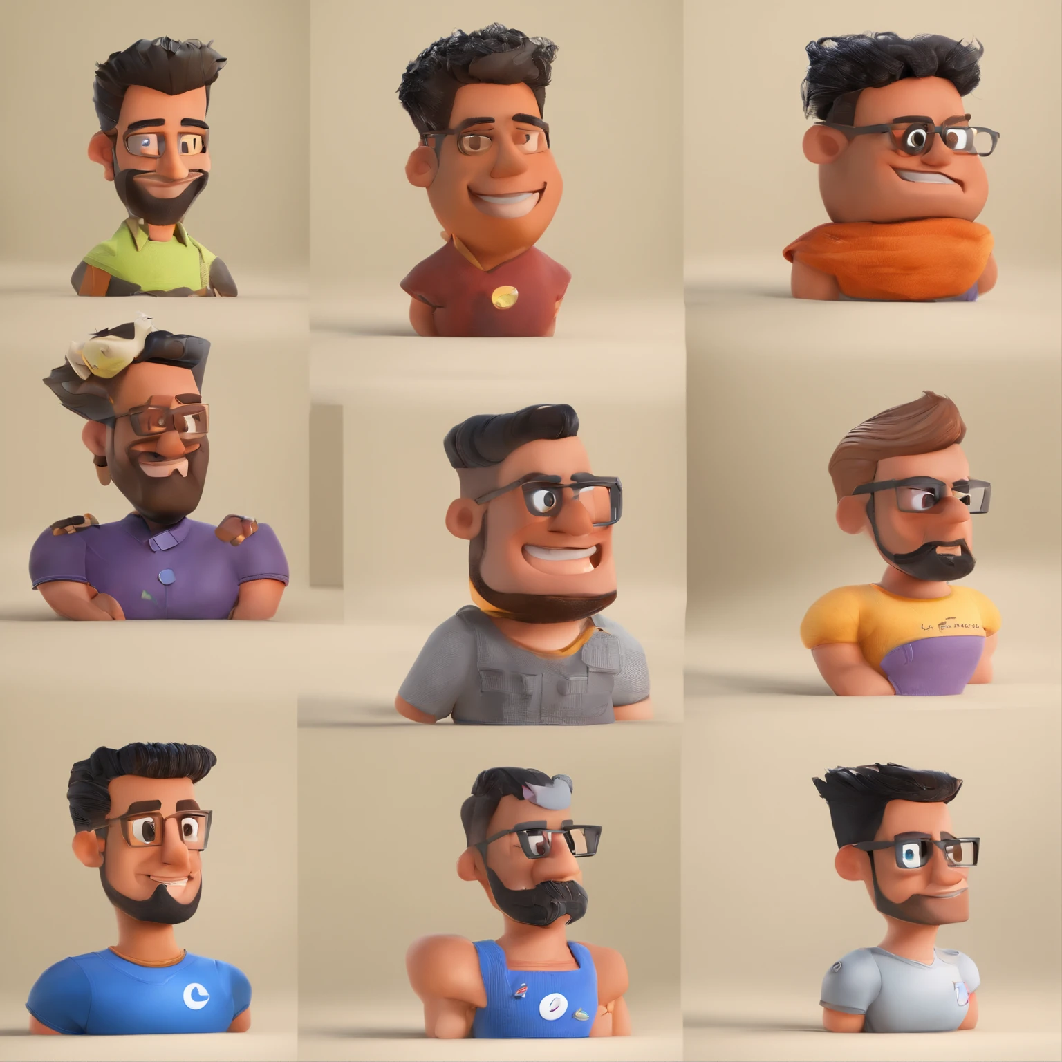 Criar um personagem no estilo Pixar. Trata-se de um homem de 30 anos, com barba, Branco, com cabelos castanhos curtos e um quiff, e olhos castanhos. Ele deve estar na frente de um computador, Trabalhar como designer