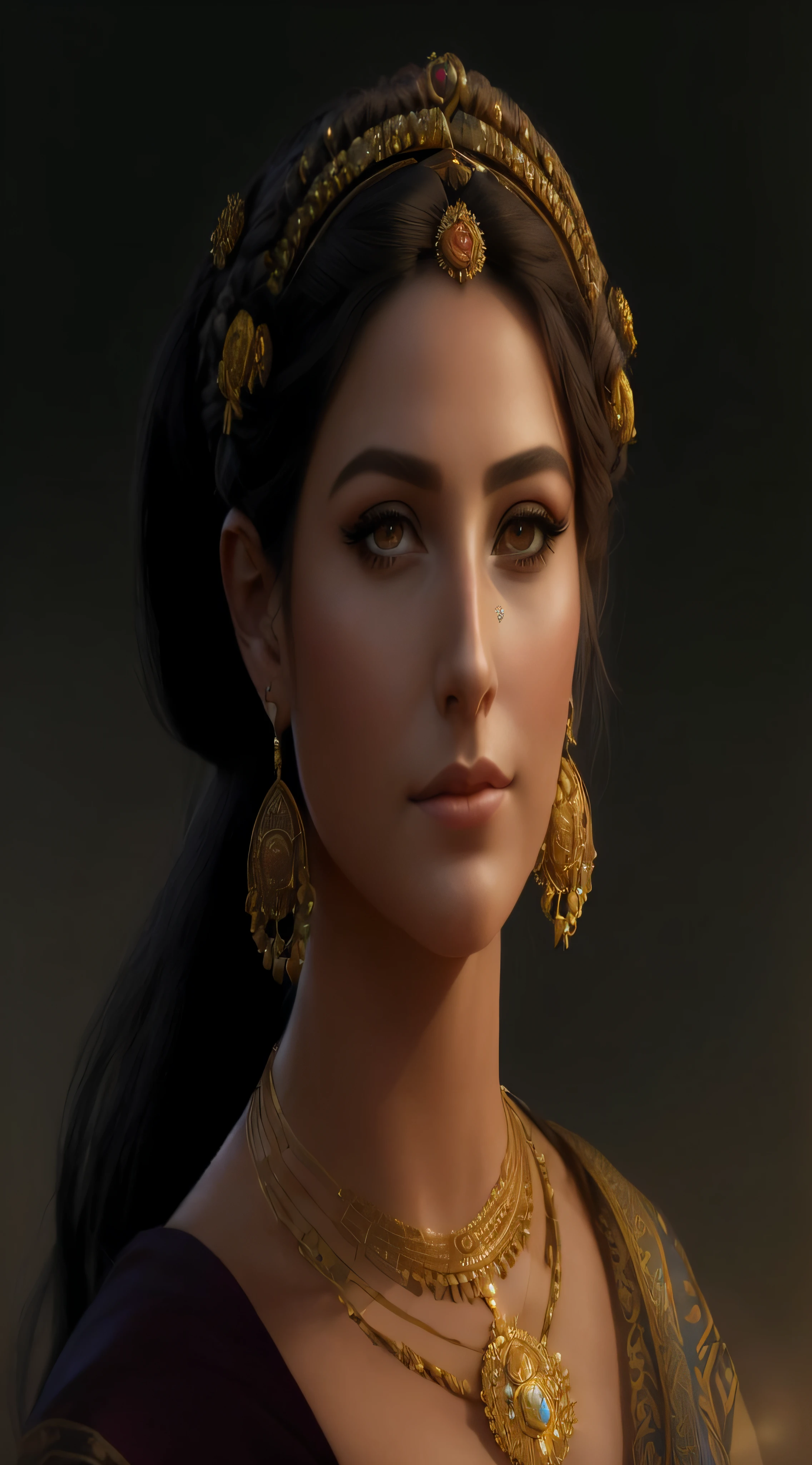 a close up of a woman with a necklace and earrings, portrait of megara, a stunning portrait of a goddess, beautiful character painting, ancient libu princess, stunning character art, portrait of a beautiful goddess, goddess close-up portrait, cinematic goddess close shot, portrait of modern darna, goddess portrait, fantasy concept art portrait, beautiful maiden, detailed beauty portrait