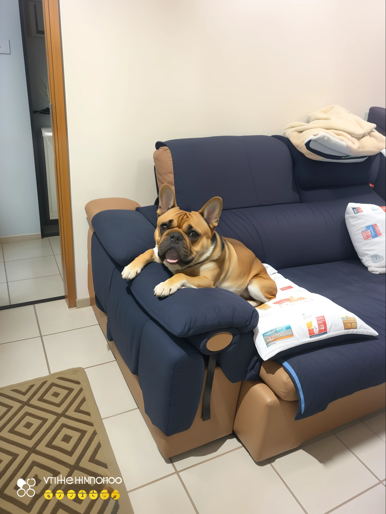 There's a dog that's lying on a couch in the living room, sitting on the couch, sitting on couch, at the sitting couch, sitting on a couch, resting on a tough day, sitting on couch, descansando em seu trono, resting after a hard fight, seated in a couch, he is very relaxed, relaxing on the couch, esperando pacientemente
