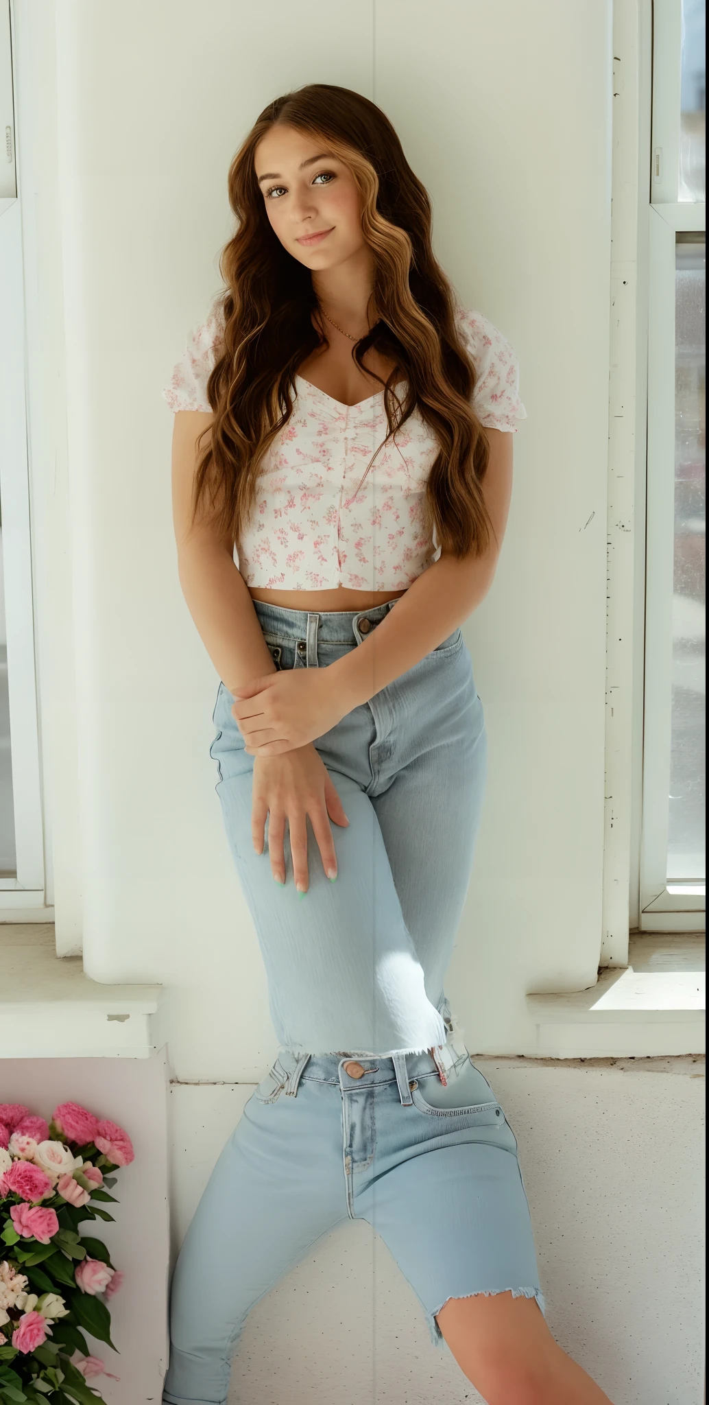 arafed woman leaning against a wall in a white room, wearing a cute top, wearing a cropped tops, wearing a sexy cropped top, wearing a cropped top, casual pose, wearing crop top, wearing a crop top, wearing a shirt and a jean, with flowers, floral clothes, with long hair, pokimane, full body picture, gorgeous young model