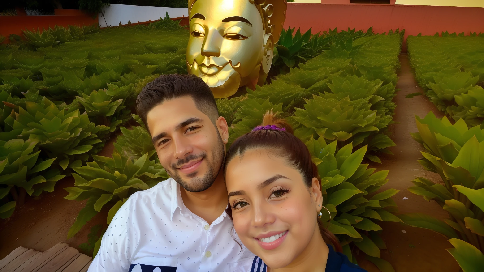 Um casal tirando uma foto no parque de budas muito lindo